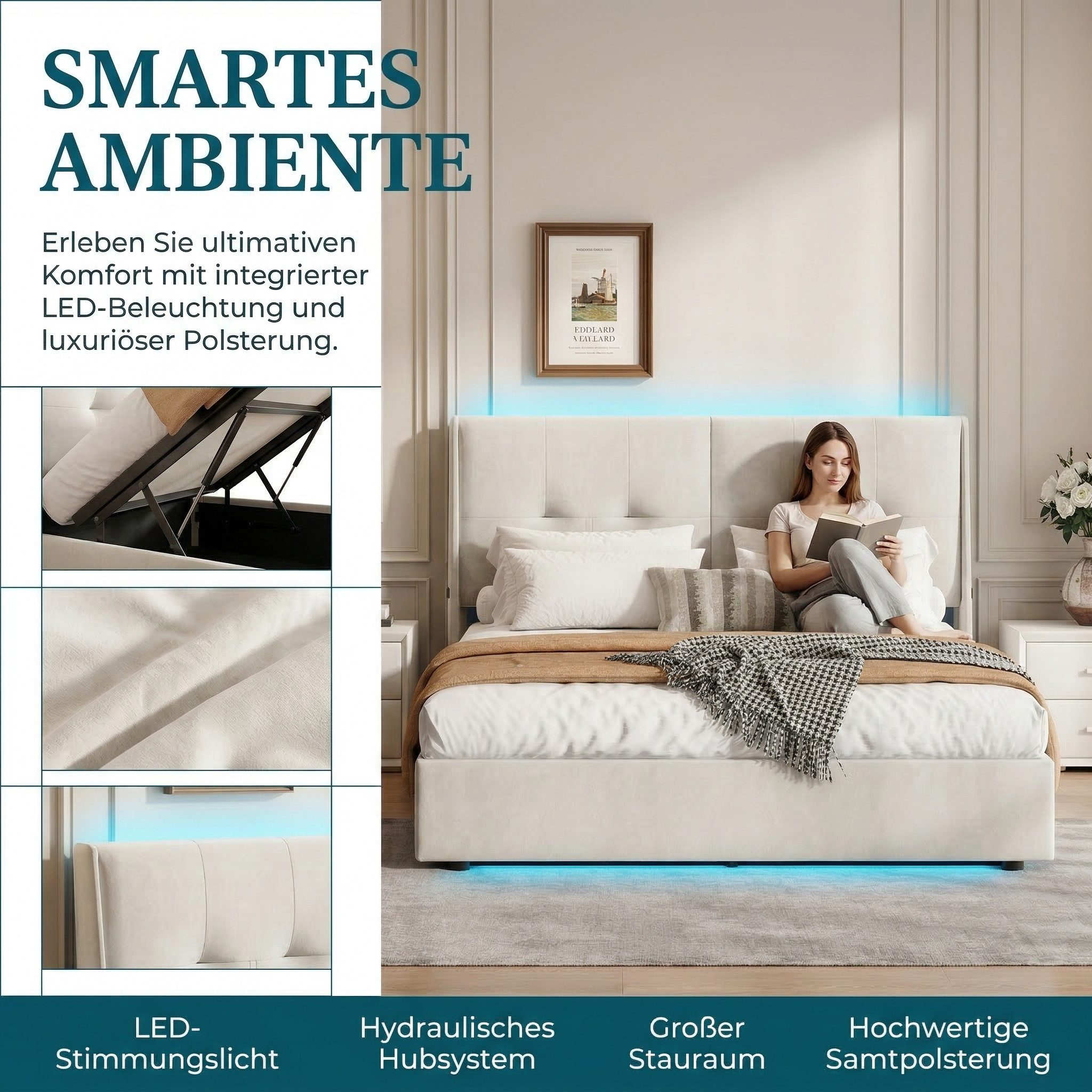 PXloue Stauraumbett Polsterbett mit Stauraum (Hochklappbares Bett 160x200 cm (Stimmungsvolles LED-Lichtband), Cremeweiß, mit stabilem Lattenrost & gepolstertem Kopfteil