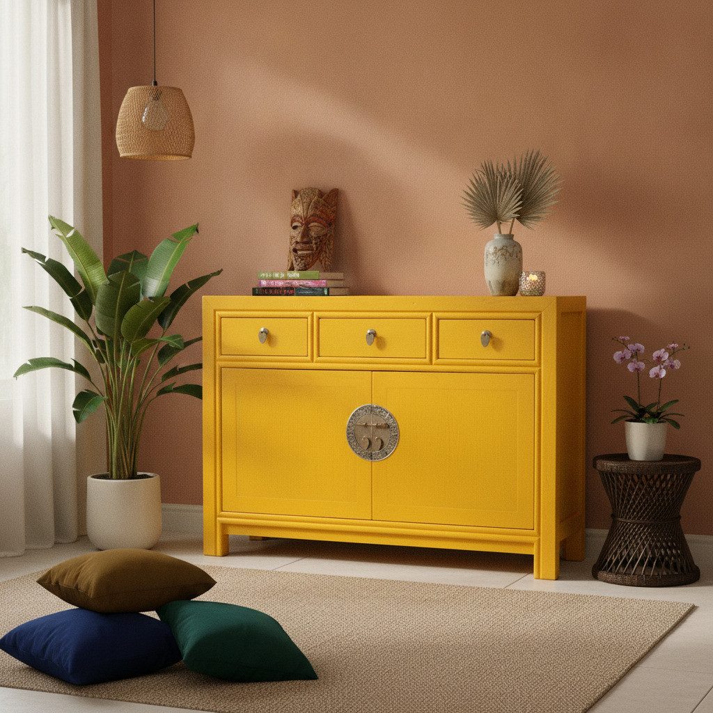 OPIUM OUTLET Kommode Schrank Sideboard gold-gelb asiatisch chinesisch orientalisch (B x T x H: 117 x 40 x 85 cm, Anrichte Buffet gold-gelb), Asia Möbel Hochzeitsschrank komplett montiert