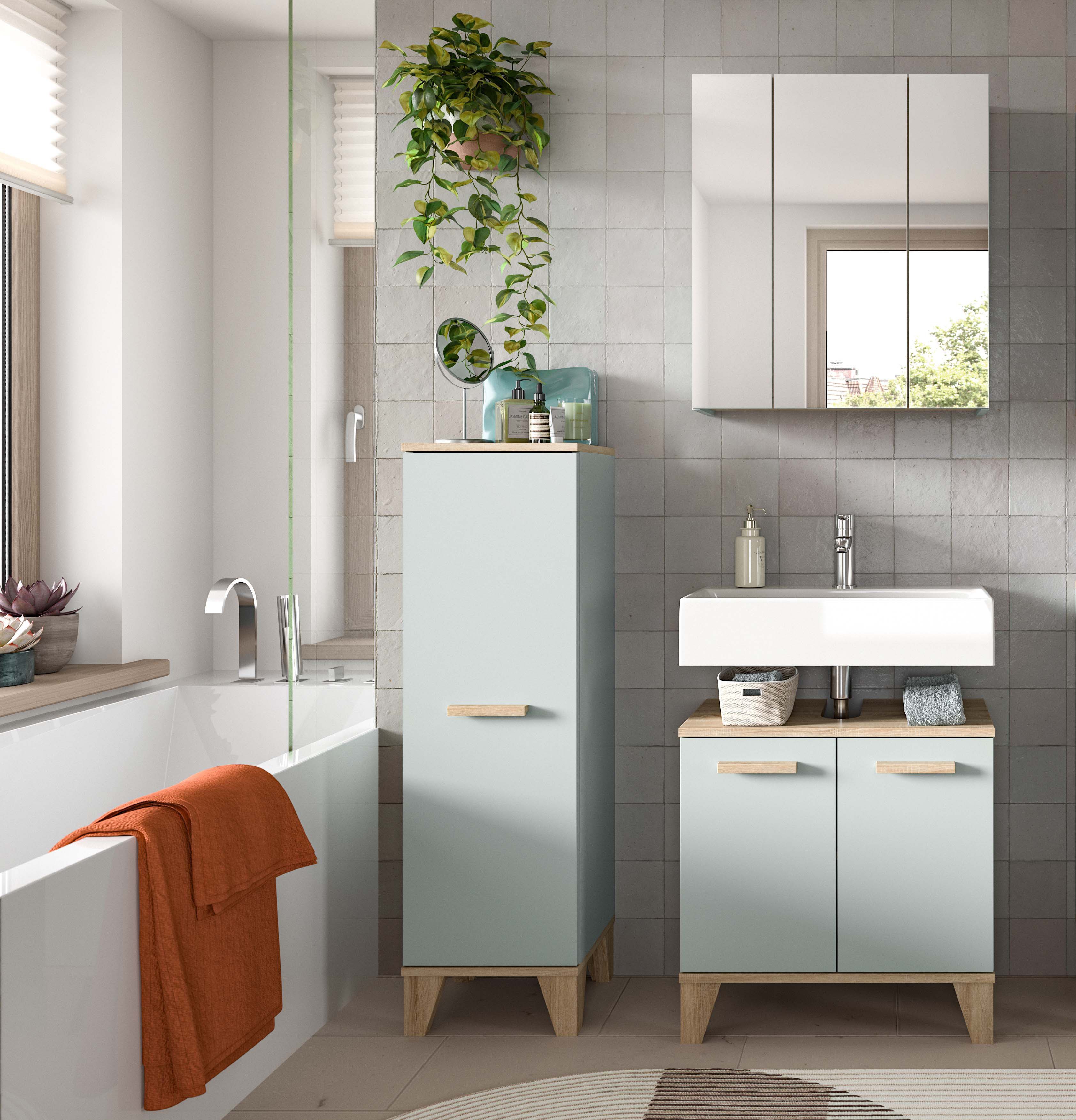 welltime Badmöbel-Set MINTTU, 3-teilige moderne Badkombination im SCANDI-Look, (3-St., bestehend aus: Midischrank, Waschbeckenunterschrank & Spiegelschrank), Bad-Kombination, Bad-Möbel, Badezimmer, Kombination, Kombi, Bad-Set