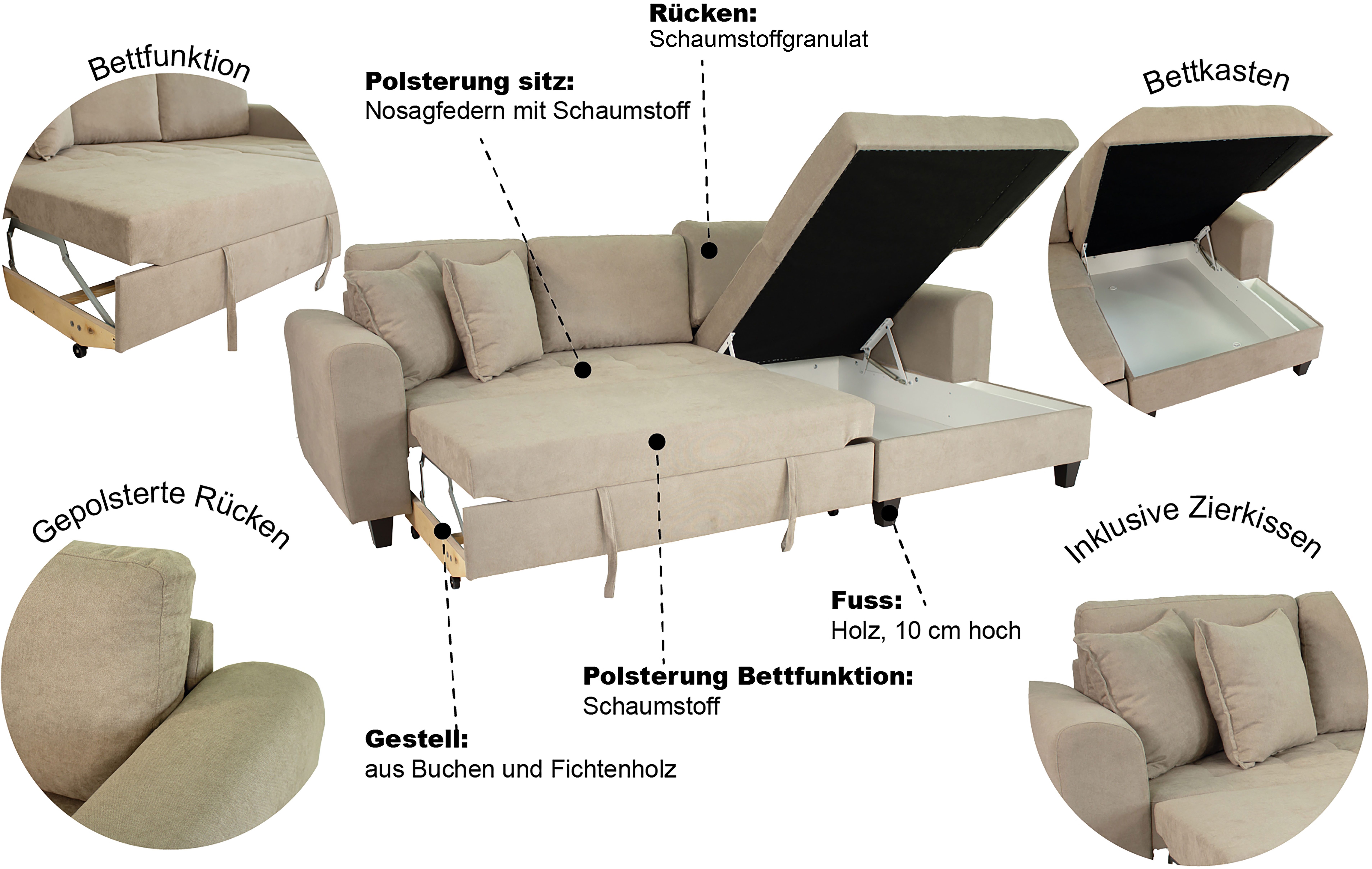 Trends by HG Ecksofa Moritz L-Form, B: 265 cm, mit Schlaffunktion, Bettkasten & Zierkissen