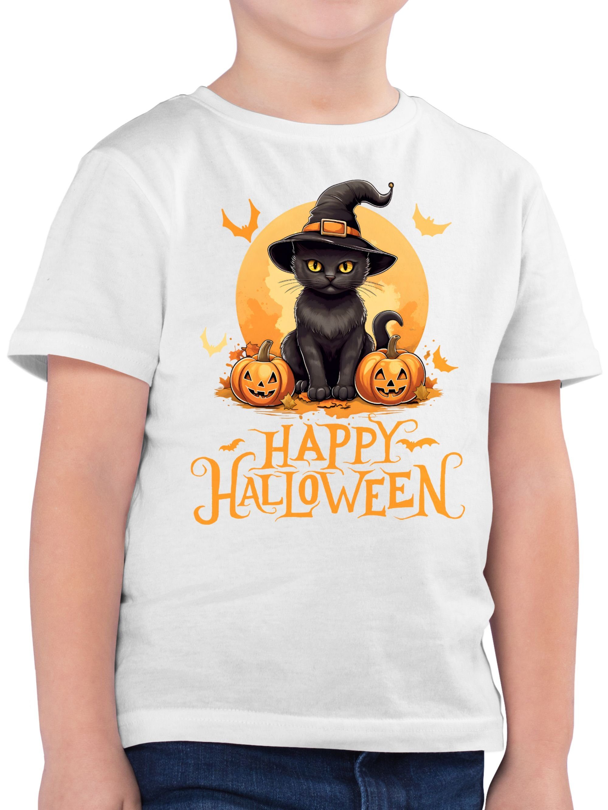 Shirtracer T-Shirt Happy Halloween für Kinder Halloween Hexenhut Kostüme Katzenliebhaber Lustig Weiß Jungs Cat Katze 02