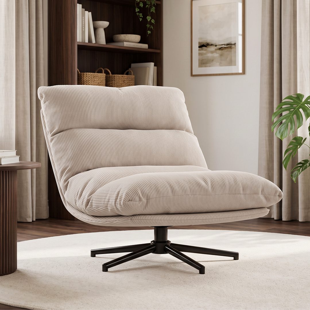 skølm Relaxsessel Hnoss mit Steppnähten, ausklappbar 4 Positionen, 360°drehbar, Cord (beige), Loungesessel, Liegestuhl gepolstert, verstellbare Rückenlehne