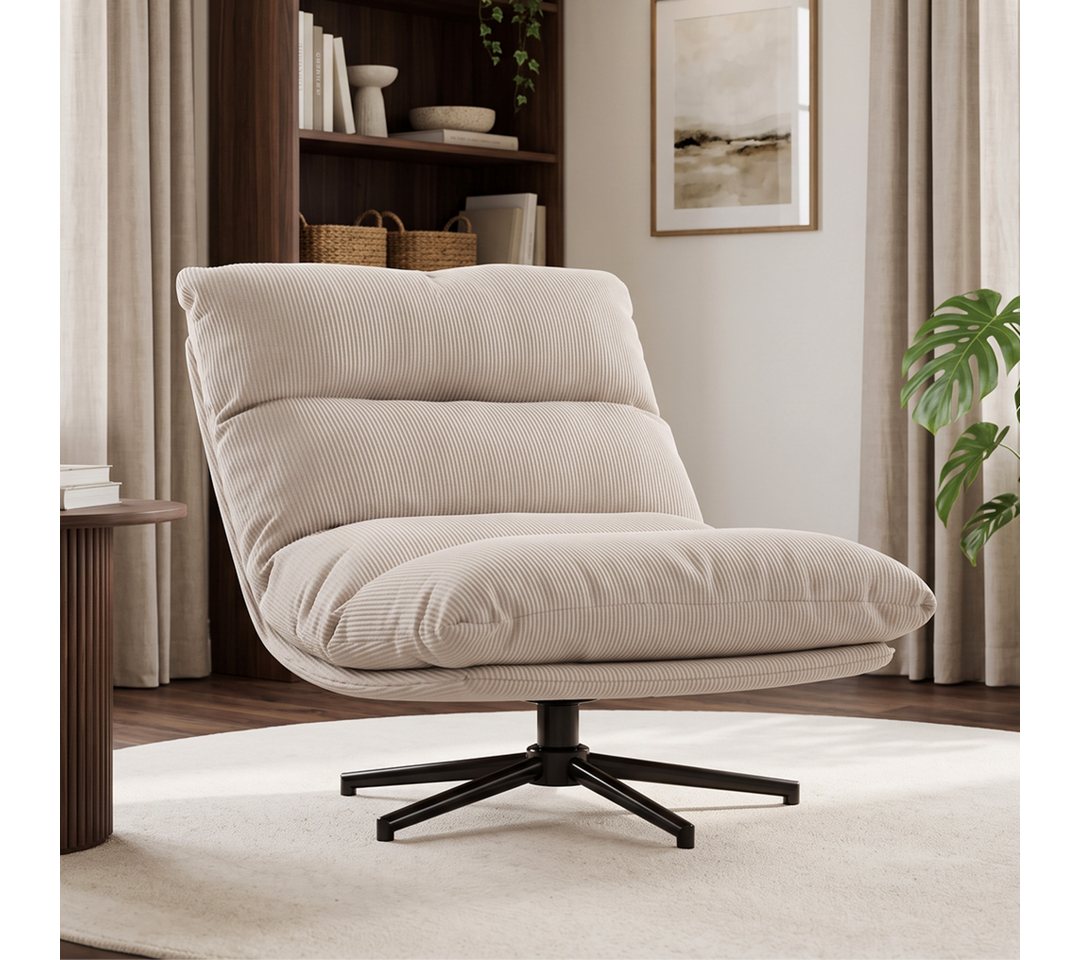 skølm Relaxsessel Hnoss mit Steppnähten, ausklappbar 4 Positionen, 360°drehbar, Cord (beige), Loungesessel, Liegestuhl gepolstert, verstellbare Rückenlehne
