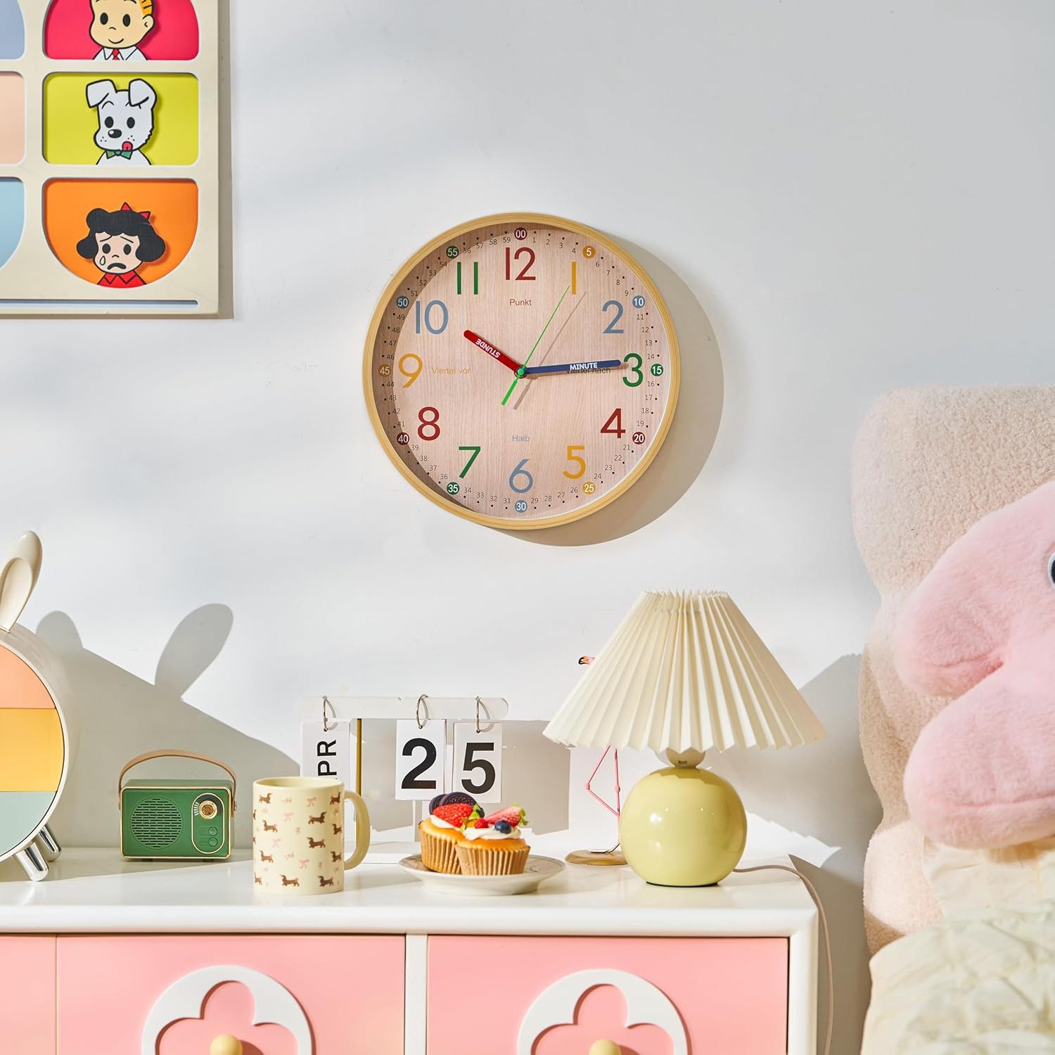 K&L Wall Art Wanduhr Holzoptik lautlose Kinder Wanduhr ohne tickgeräusche (Kinderlernuhr ohne Tickgeräusche)