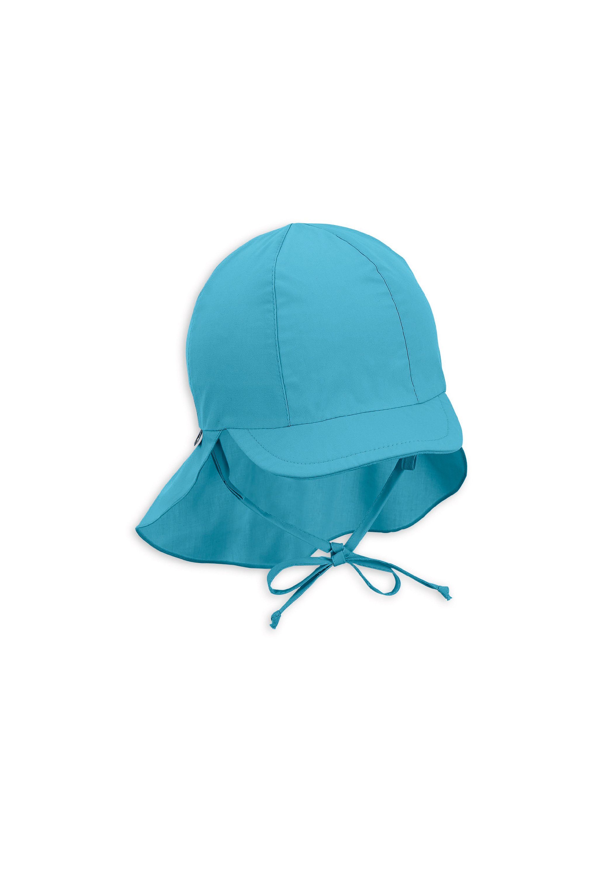 Schirmmütze für UV-Popeline Sommermütze Kinderhut blau idealer Schirmmütze (1-St., Nackenschutz und türkis mit 50+ Bindeband mit UV-Schutz Sonnenschutz Sterntaler® aus Kinder)