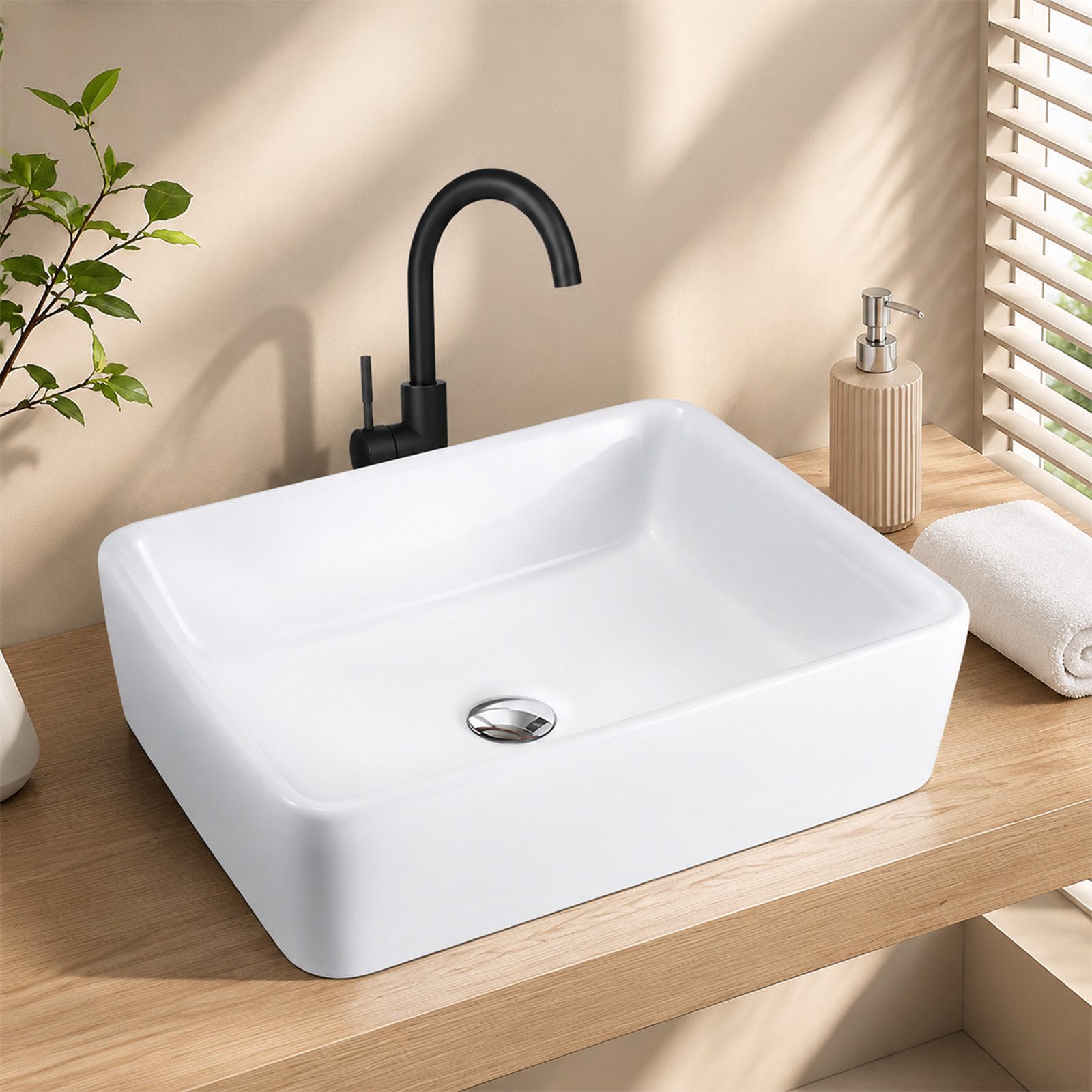 Ledklang Waschbecken Aufsatzwaschbecken Keramik eckig Waschschale modern Überlauf 40/48cm, für Badezimmer