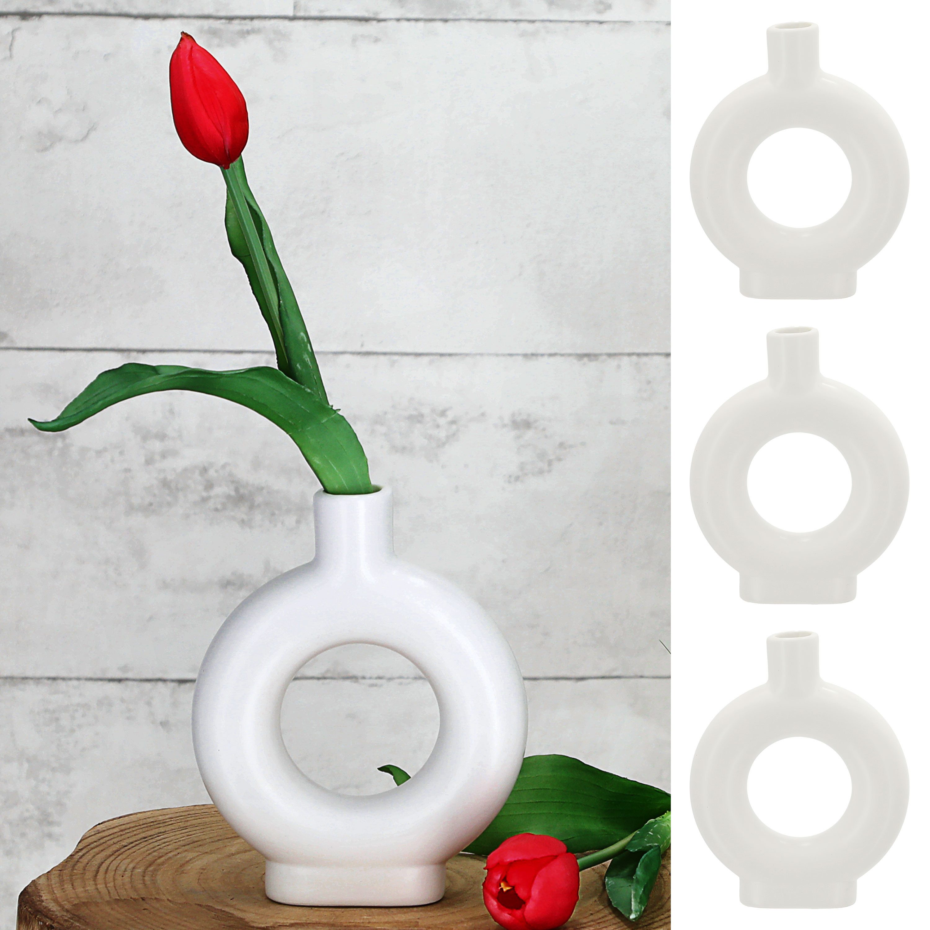 Dekovase Vase Ringform 3er Set 12x15x3cm weiß Keramik Donutform Blumenvase