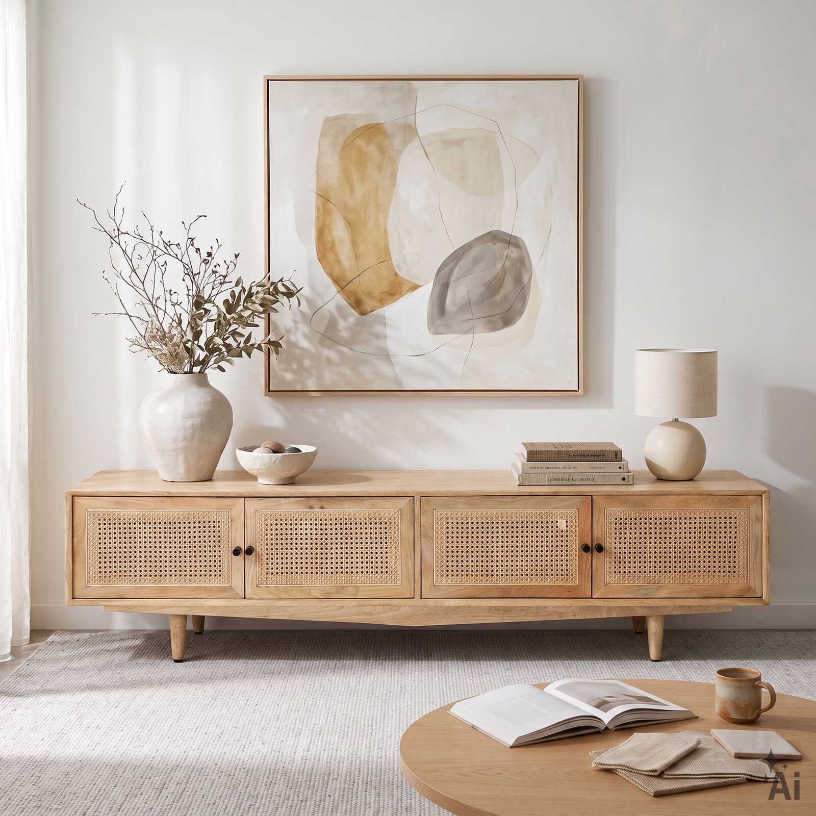 IDIMEX Lowboard NAYAN, TV Schrank 180 cm aus Mangoholz mit 4 Türen und Rattan Natur