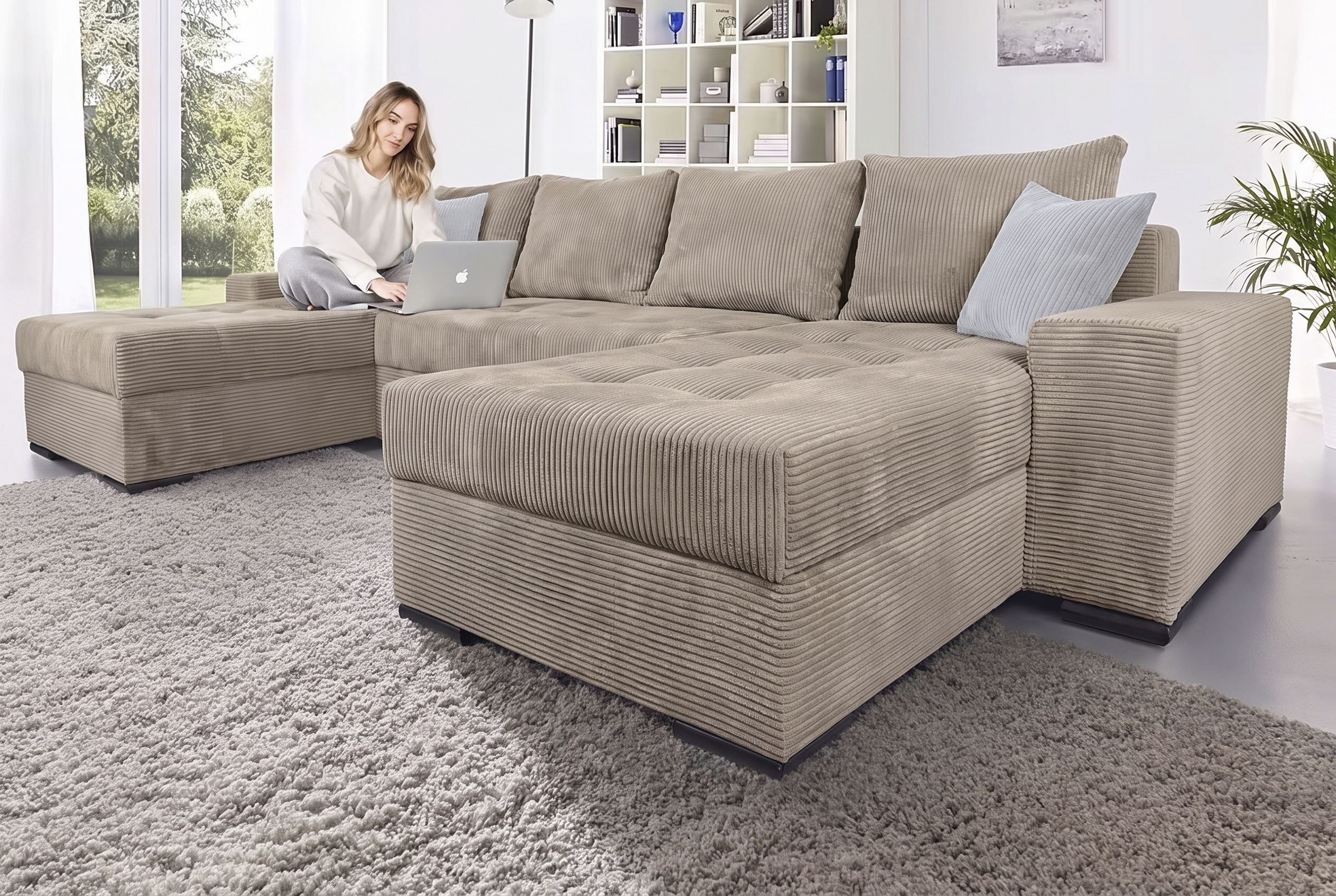 COLLECTION AB Wohnlandschaft Josy XL U-Form, B: 313 cm in Cord, Cord-Mix, Schlaffunktion, Bettkasten & 2 Zierkissen, Federkern