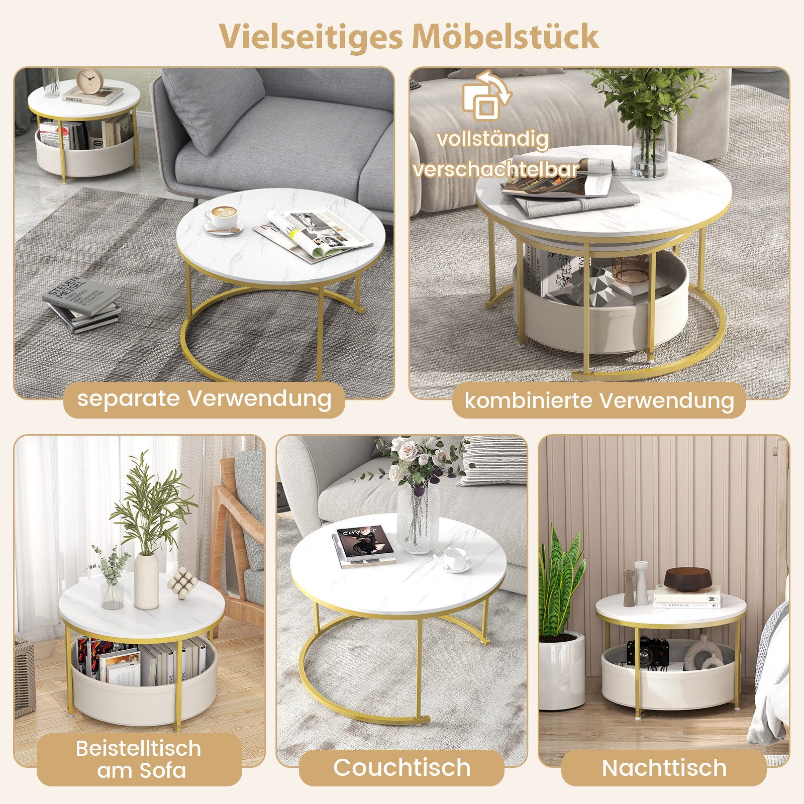 COSTWAY Couchtisch (2er Set), rund Satztisch Marmor mit Korb gold