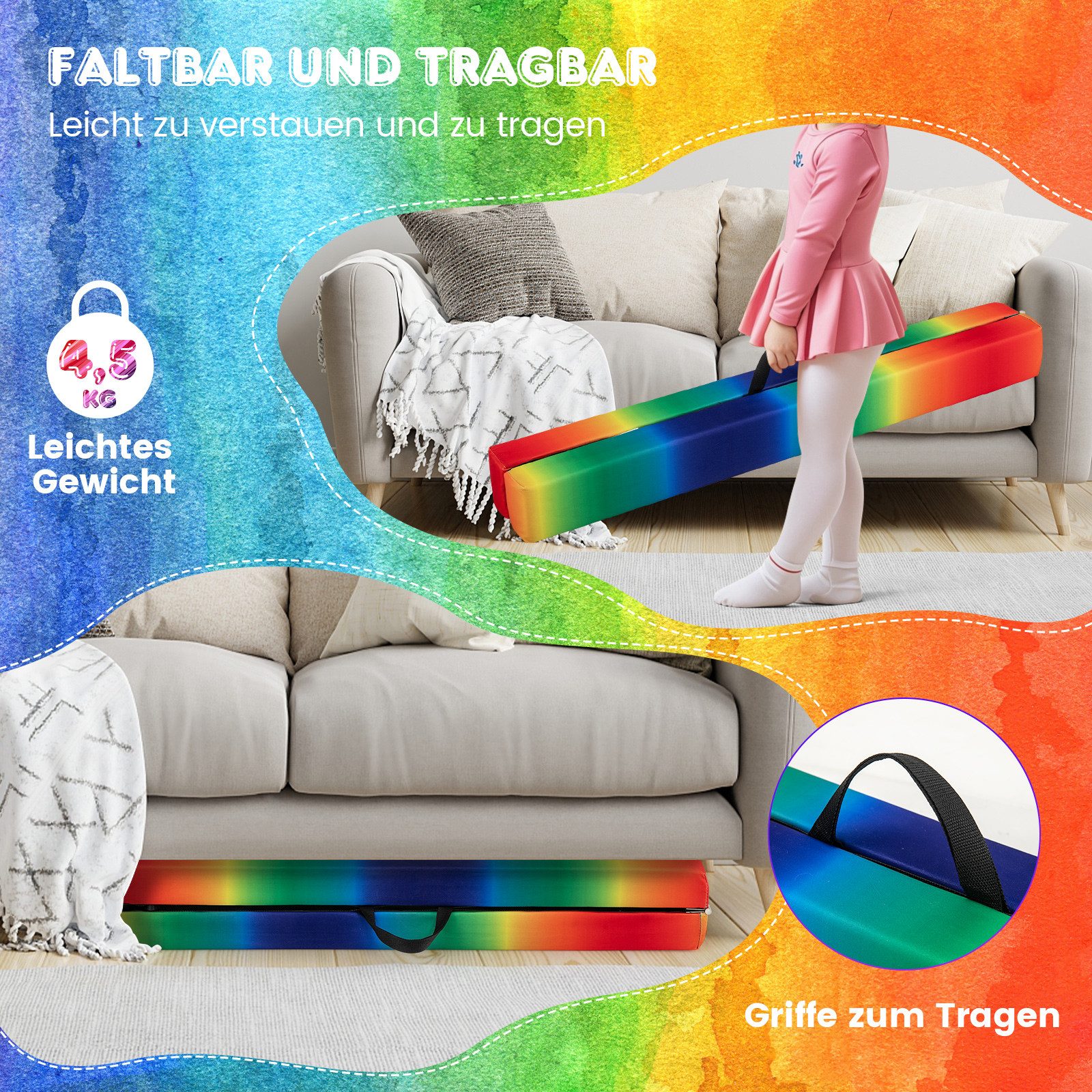 COSTWAY Balancetrainer, 240cm klappbarer Schwebebalken mit Holzsockel