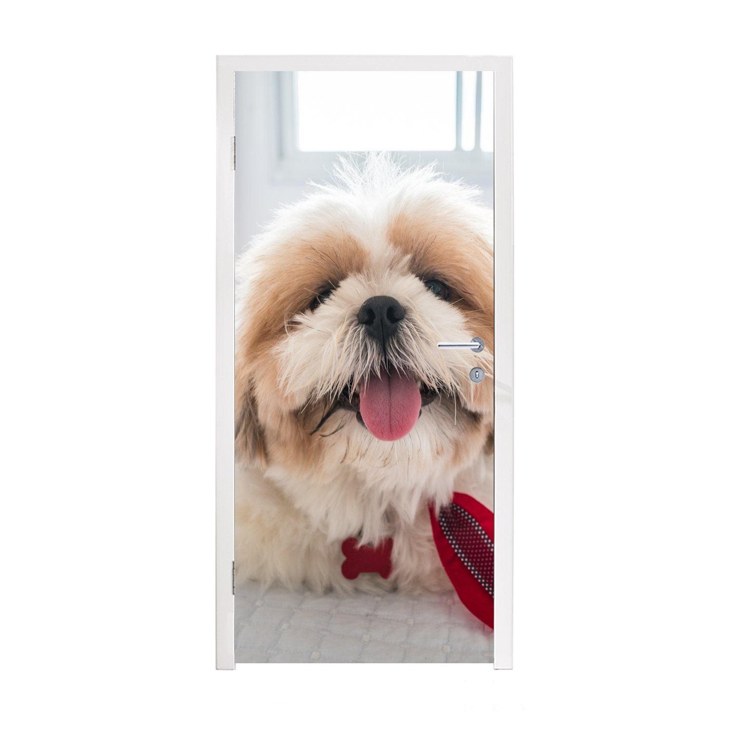 MuchoWow Türtapete Ein Shih Tzu Hund liegt auf einem weißen Bett, Matt, bedruckt, (1 St), Fototapete für Tür, Türaufkleber, 75x205 cm