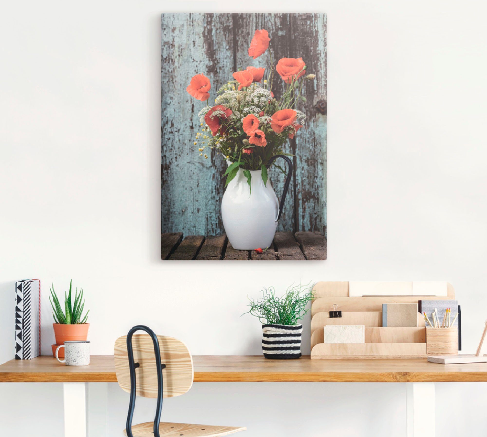 Artland Leinwandbild Krug mit Mohnblumen, Blumen (1 St), auf Holzrahmen gespannt