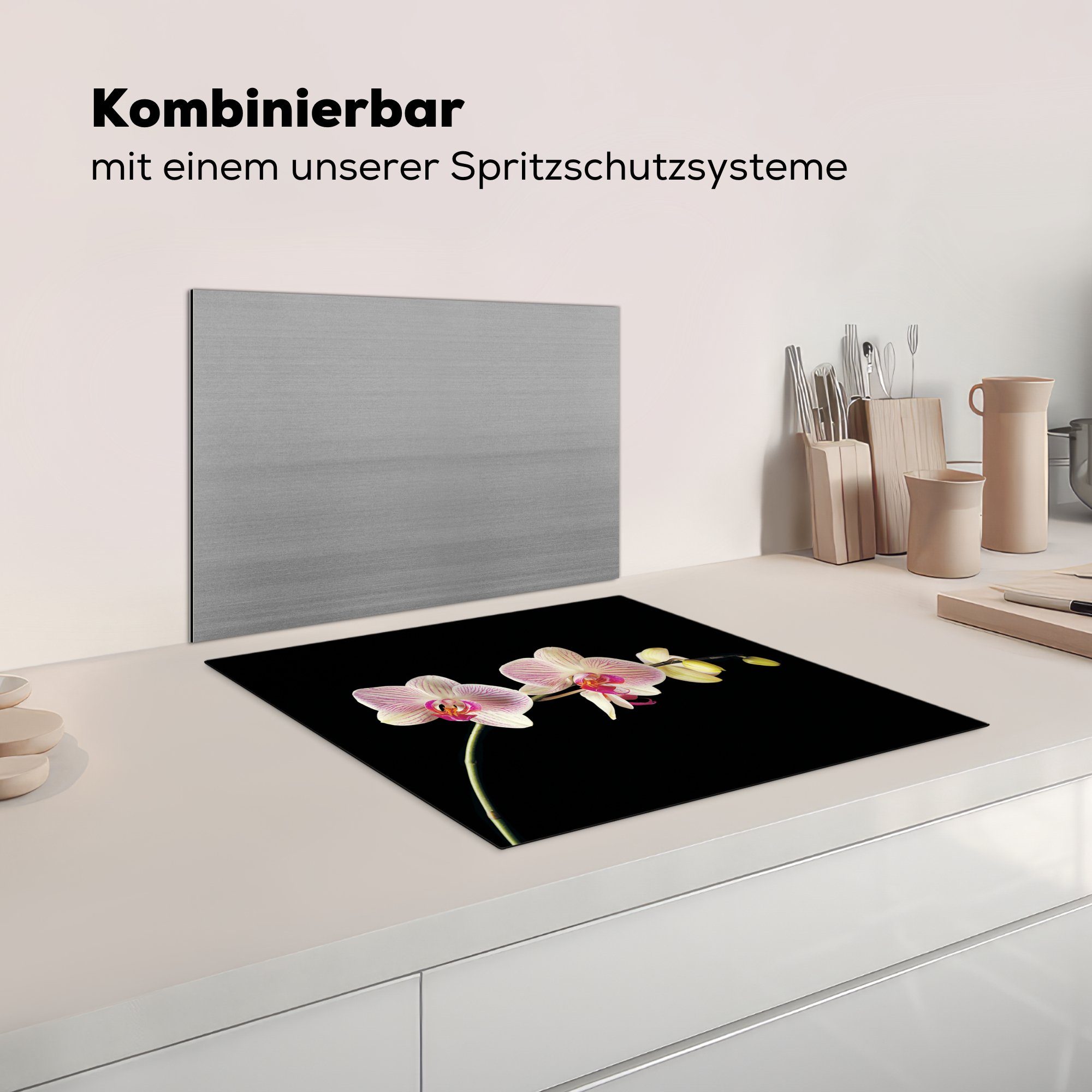 cm, Vinyl, orchidee-gegen-schwarzen-hintergrund-ytp60pct-v2, Mobile Arbeitsfläche nutzbar, 60x52 Herdblende-/Abdeckplatte MuchoWow tlg), (1 Ceranfeldabdeckung