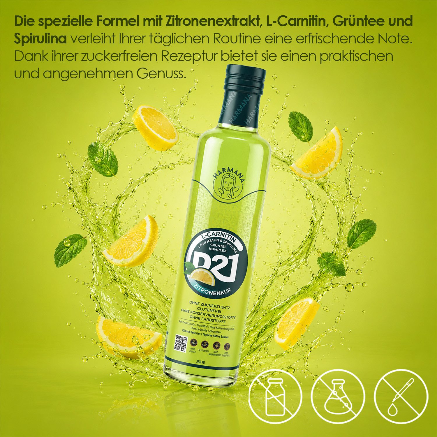 Harmana Sirup Lemon Cure-Getränkekonzentrat mit L-Carnitin, Grüntee & Spirulina, 250 ml, Zuckerfrei, glutenfrei und ohne Konservierungsstoffe – Bild 5 von 5