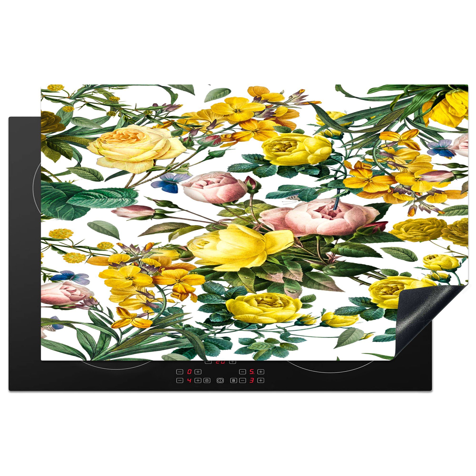 MuchoWow Herdblende-/Abdeckplatte Blumen - Gelb - Schmetterling, Vinyl, (1 tlg), 81x52 cm, Induktionskochfeld Schutz für die küche, Ceranfeldabdeckung