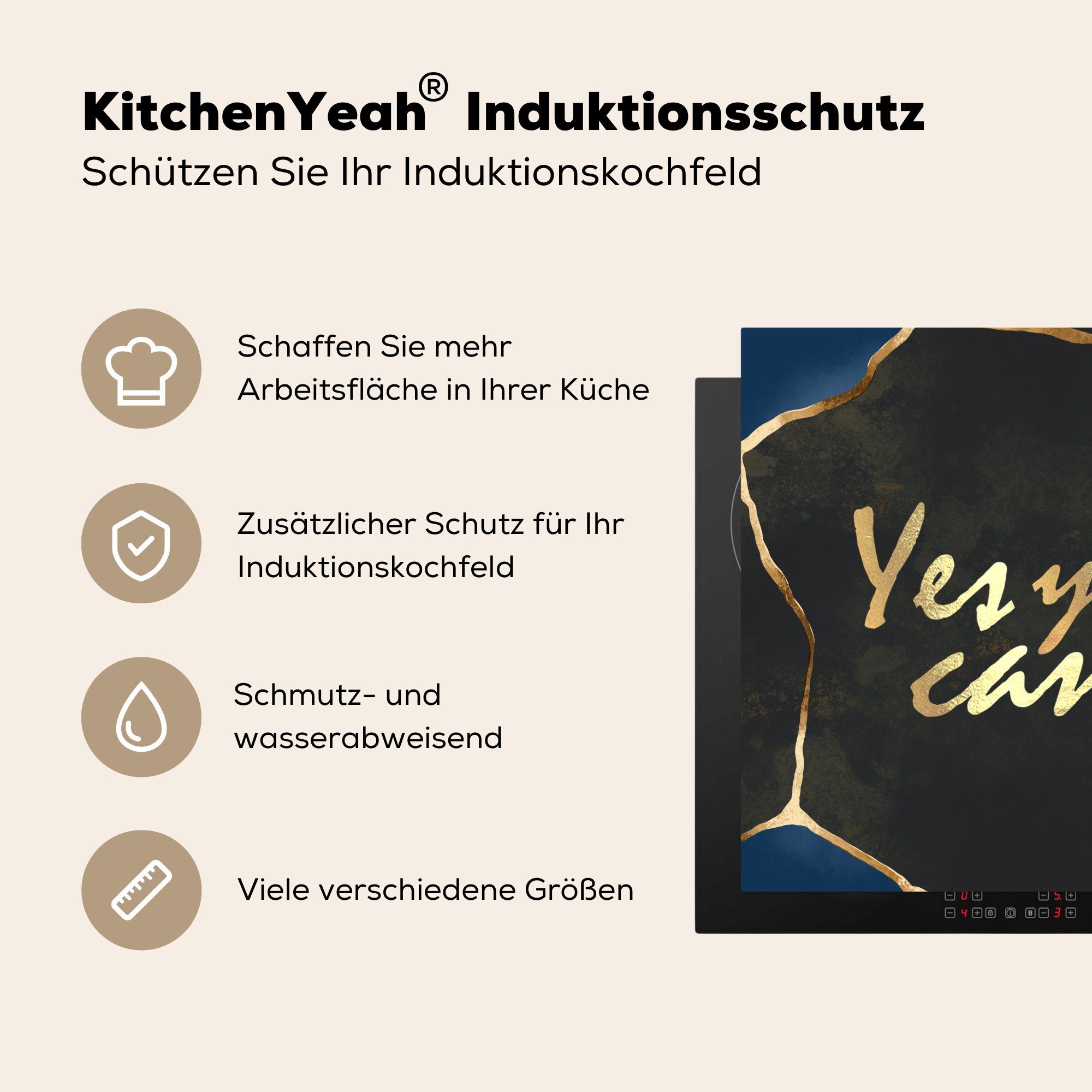 MuchoWow Herdblende-/Abdeckplatte Zitate - Motivation 78x78 Gold küche Braun, Vinyl, (1 cm, für Arbeitsplatte Ceranfeldabdeckung, tlg), - 