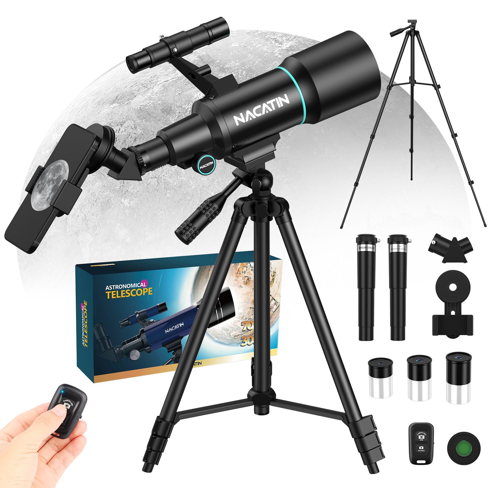 NACATIN Teleskop Kinder & Einsteiger Refraktor-Teleskop 70mm/300mm Tubuslänge, mit Stativ, 15X-150X, Handy-Adapter