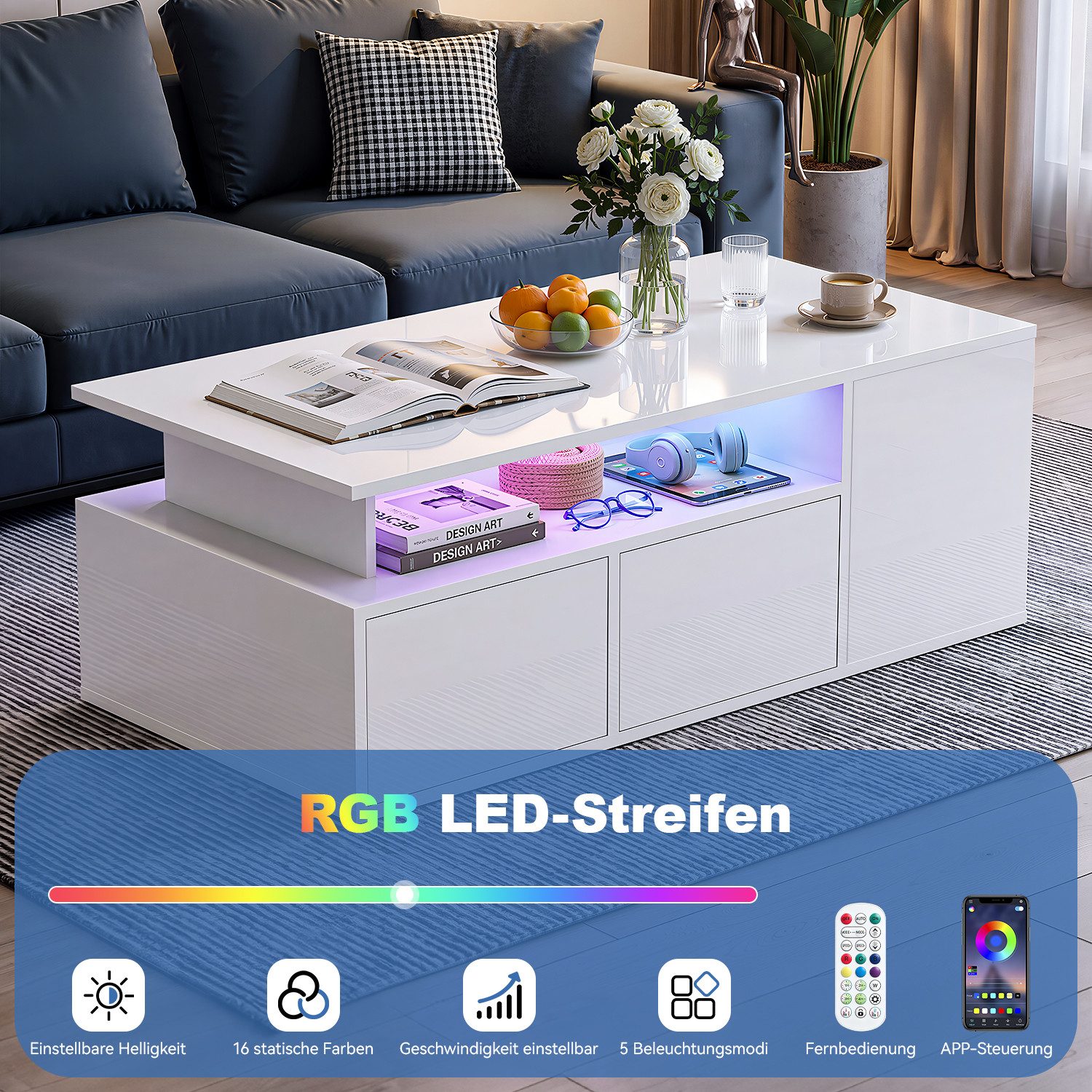 oyajia Couchtisch Wohnzimmertisch Hochglanz mit LED Beleuchtung & Fernsteuerung APP (Bluetooth-Fernbedienung.App-Steuerung, offenen Fächern,stabil, pflegeleicht, Hochglanz-Design), 100 x 50 x 35cm Beistelltisch,mit 2 Schubladen,Farbwechsel-LEDs