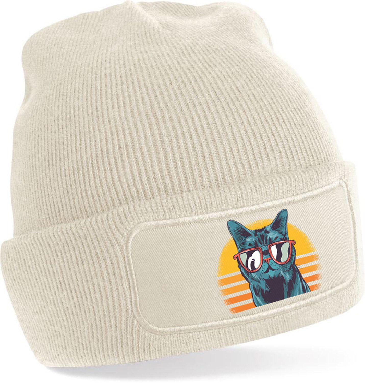 Strickmütze für kalte Tage - Beanie mit Umschlag und stylischem Katzen Print