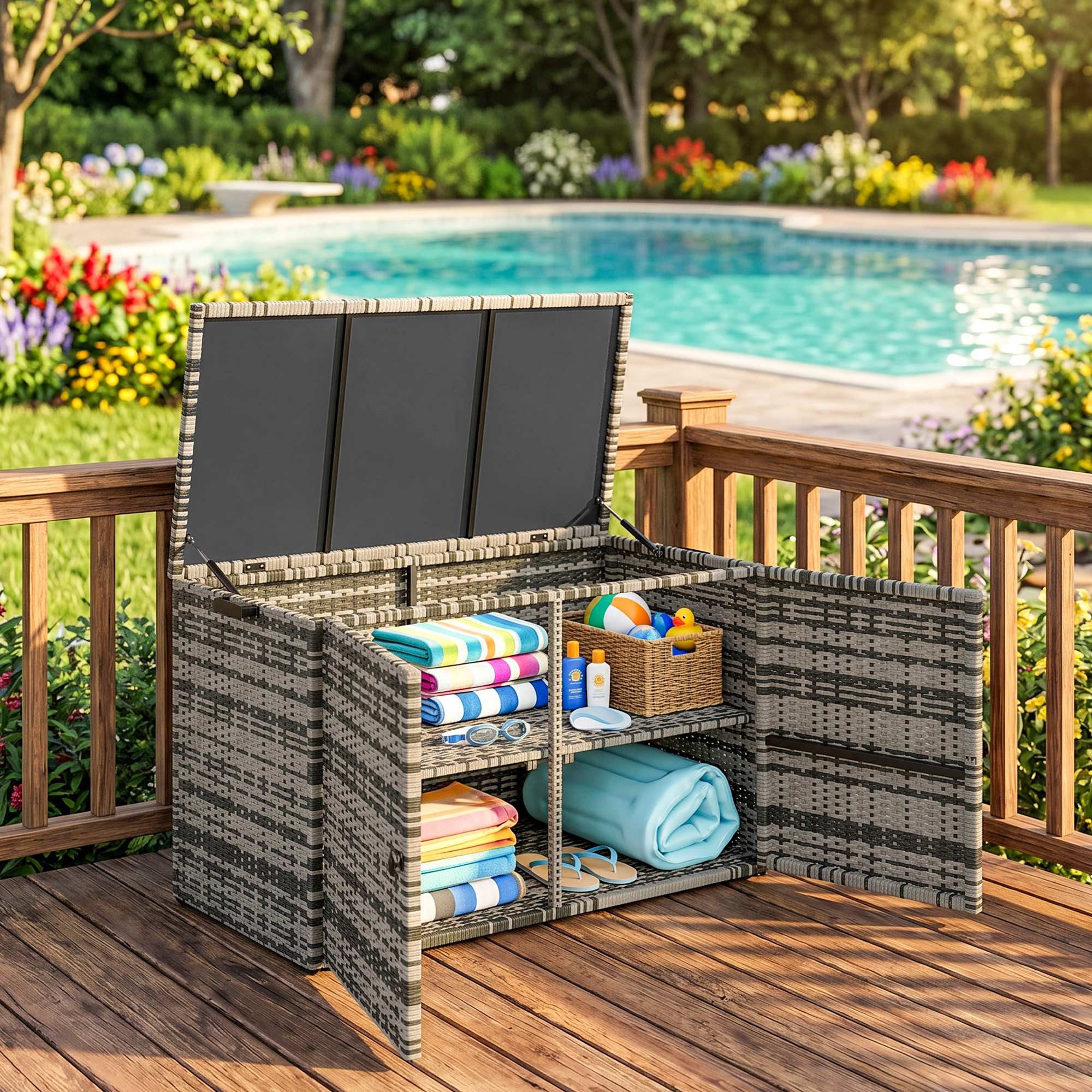 Gartenbox 350L, mit Deckel, Hebestangen, Tragegriffe, UV-beständig
