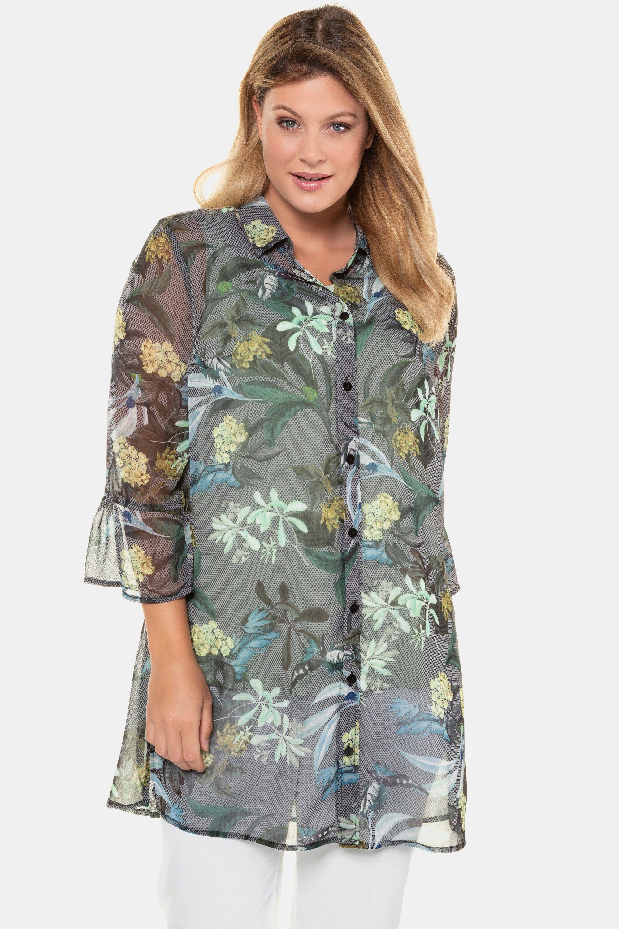 Ulla Popken Lange damesblouse met opstaande kraag en V-hals, 3/4 mouw, roze, 50-52 Grote maten