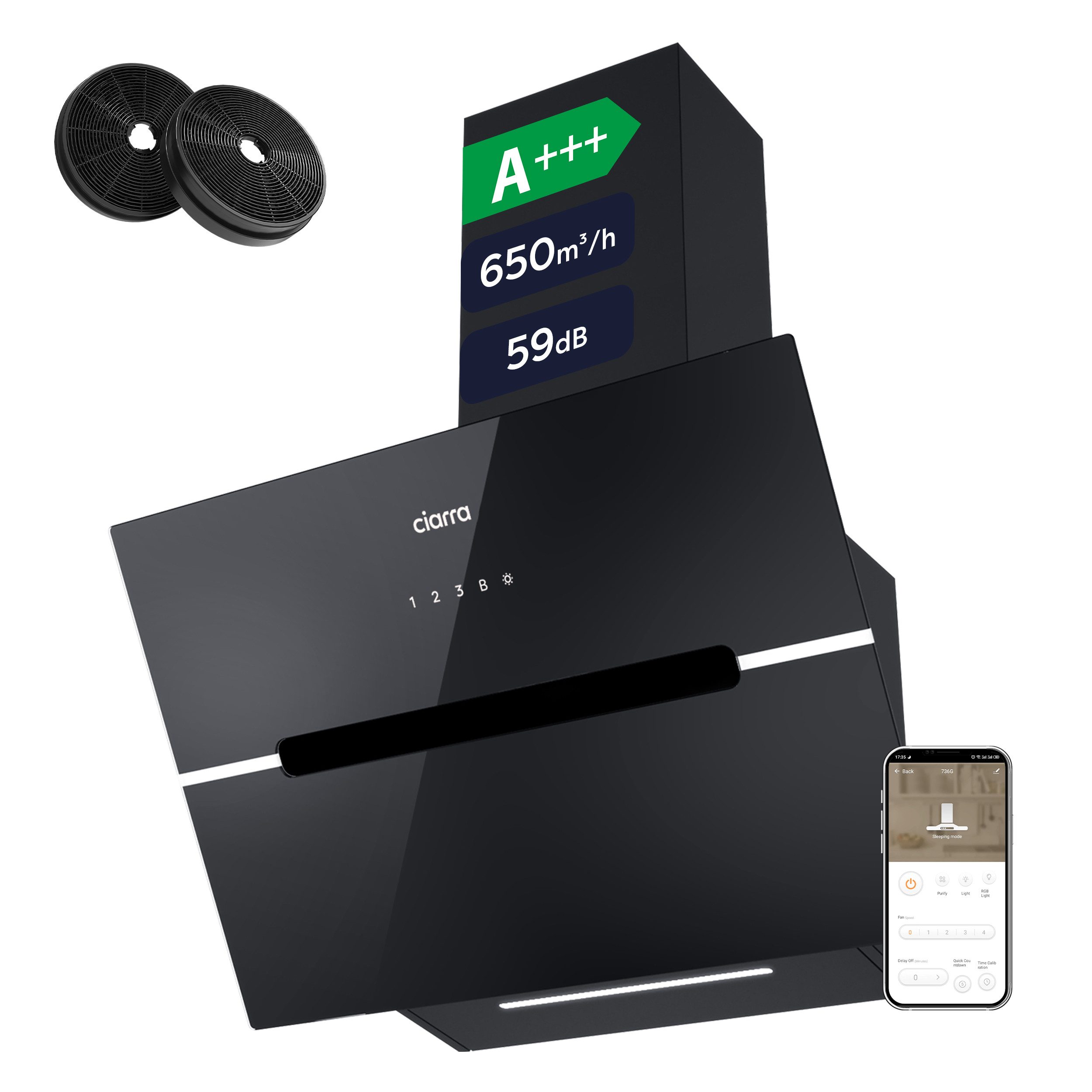 CIARRA Kopffreihaube VM6736FB VM6736FB, A+++ 650m³/h Dunstabzugshaube 60cm WIFI + APP & Touch Control Booster