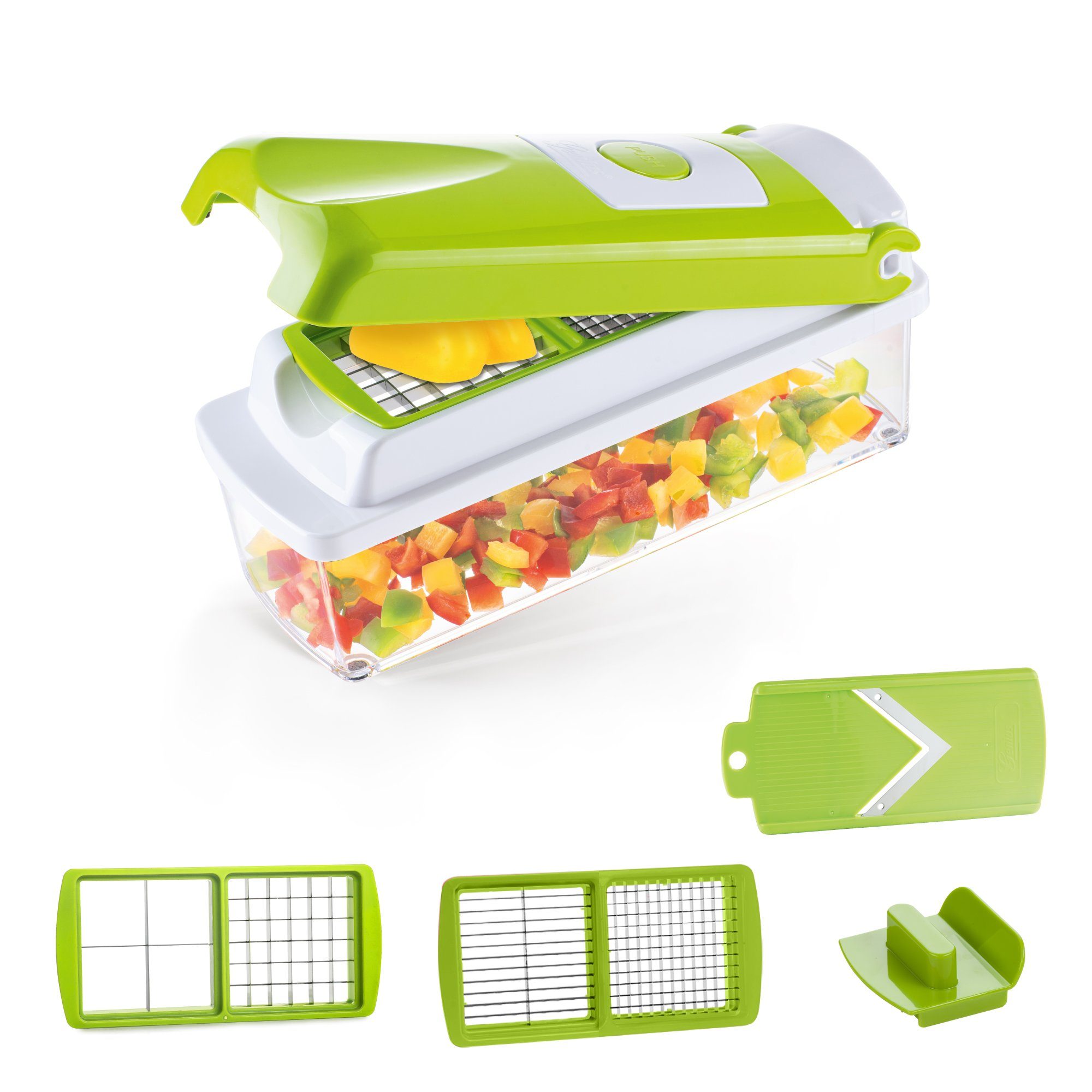 Genius Gemüseschneider Nicer Dicer Smart Gemüsehobel 6tlg. für Würfel Scheiben, Obst Salat Schneider Zerkleiner Mandoline Fassungsvermögen 800 ml Grün