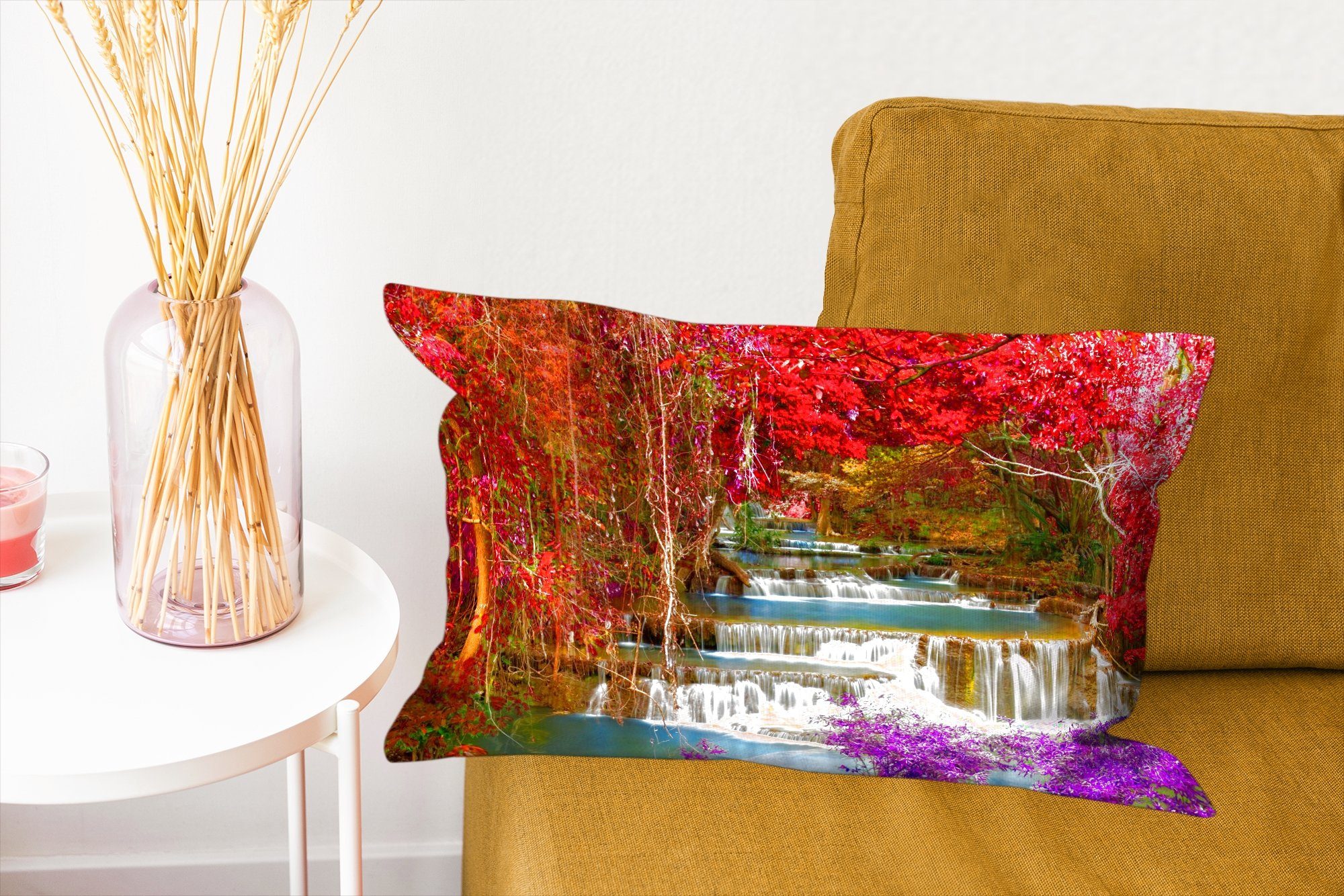 Wasserfall Rosa mit Dekoration, Dekokissen - Schlafzimmer MuchoWow Wohzimmer - Füllung, Zierkissen, Dekokissen Bäume,