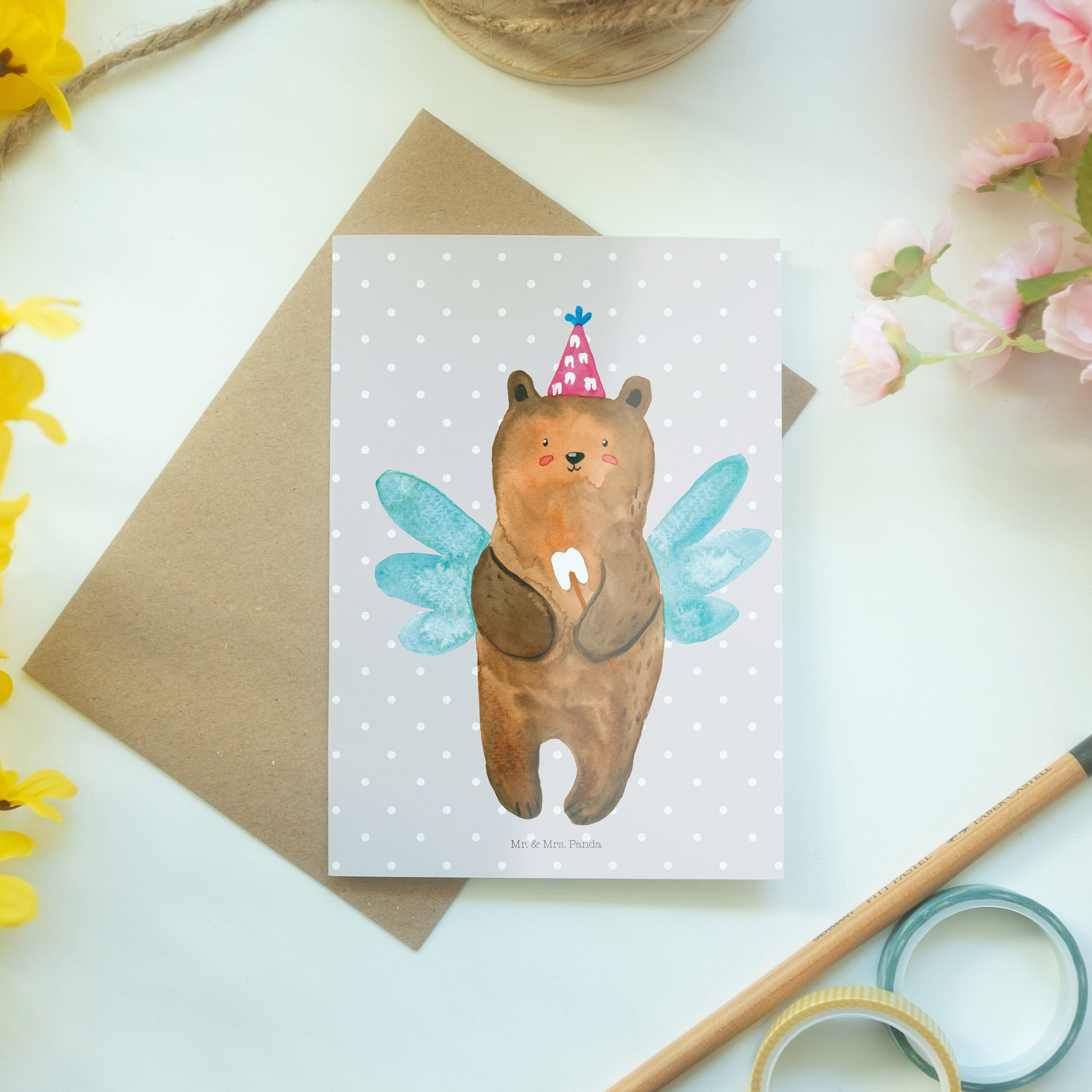Bär Geburtstagskarte Zahnfee Panda Mrs. Pastell Grau Grußkarte - & Geschenk, Mr. - Klappkarte,