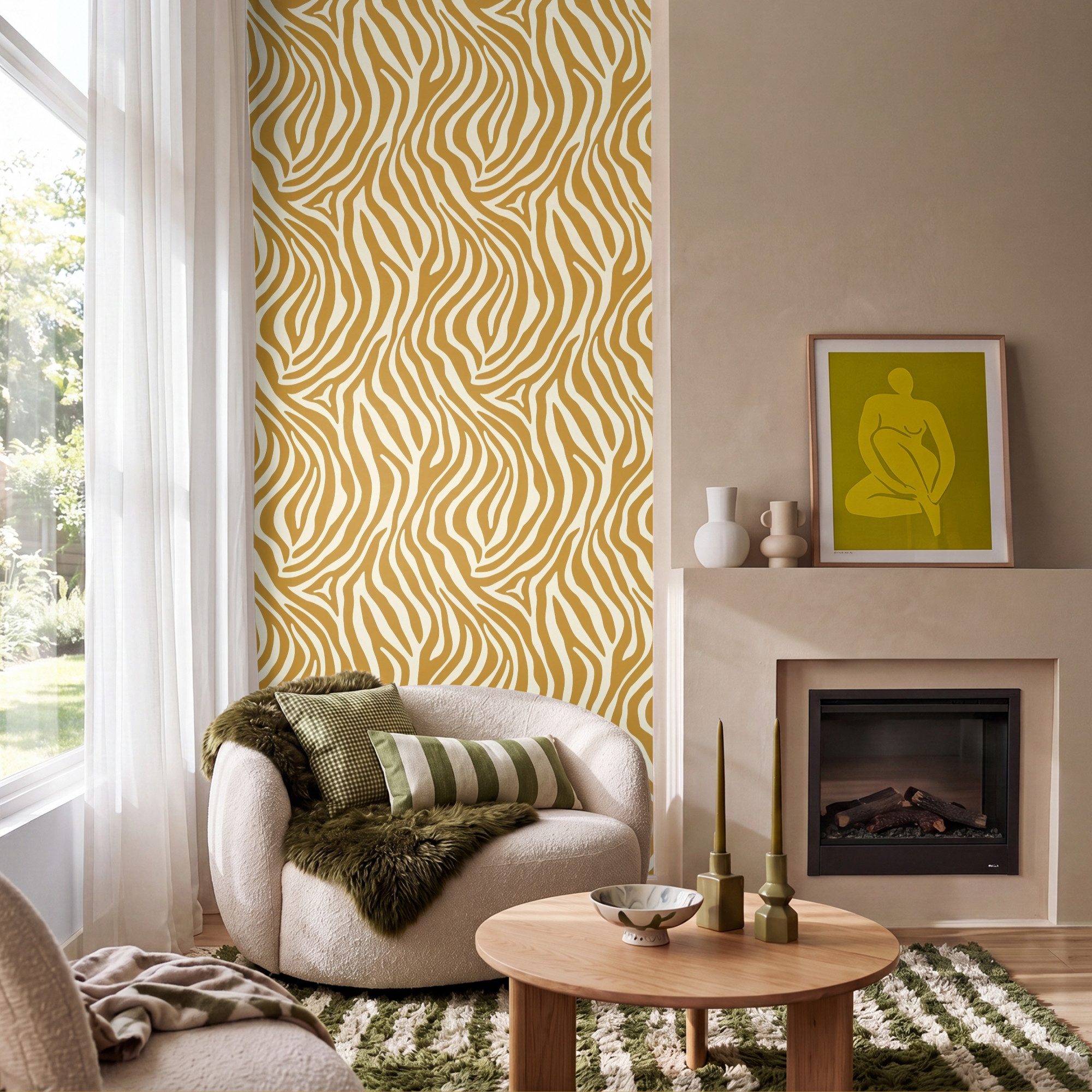 OnlyWow Fototapete Zebra - Klassisch - Ocker - Gelb, Matt, bedruckt, Wandtapete, Schlafzimmer, bedruckt 100x220cm