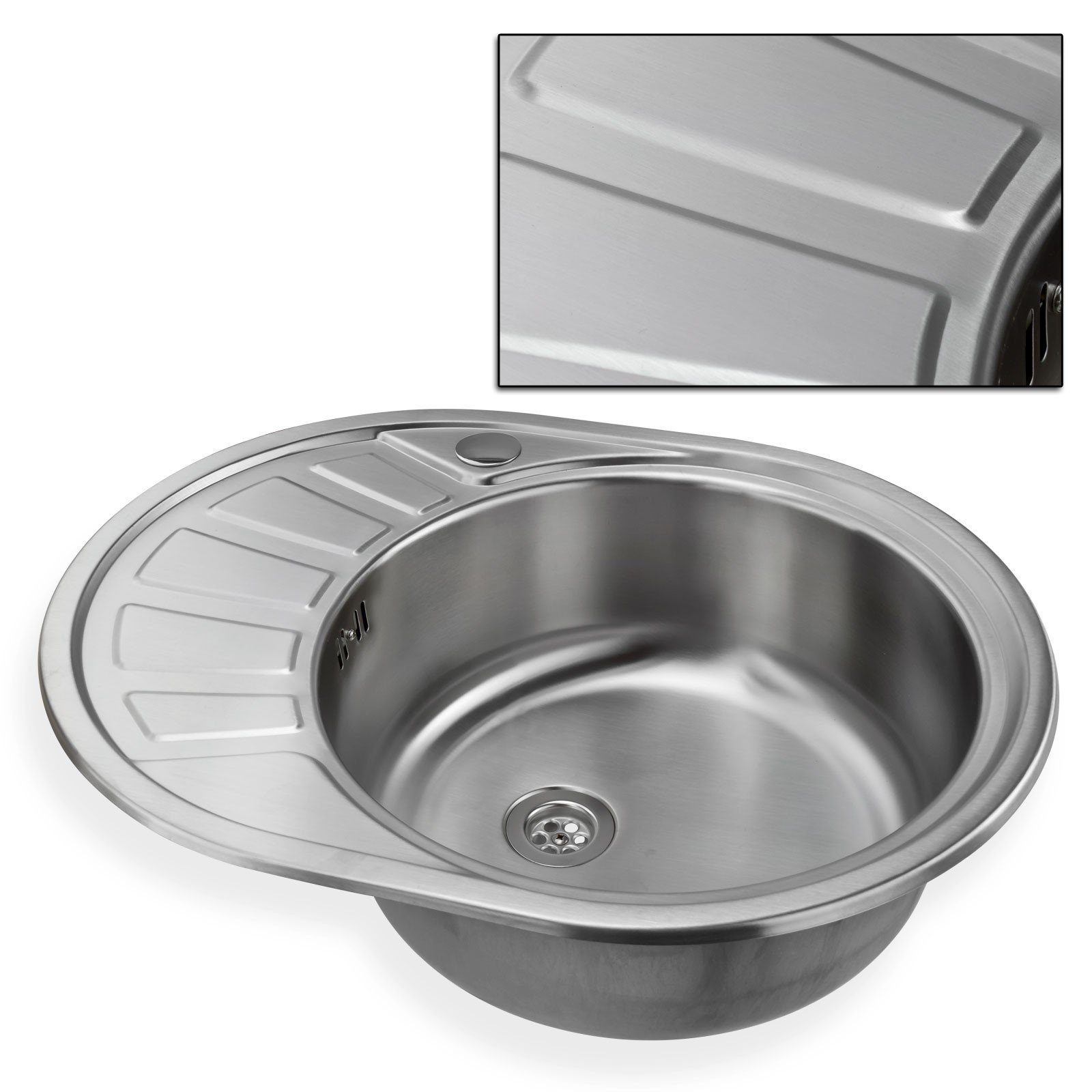 Stabilo Sanitär Edelstahlspüle Einbauspülbecken Chrom oval aus Edelstahl mit Abtropffläche links, 45.5/58 cm, (Komplett-Set, mit komplettem Siphon), Spüle ist R – Bild 5 von 5