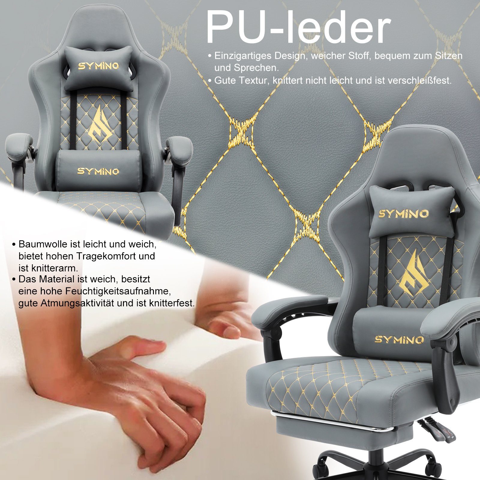 symino Gaming-Stuhl Ergonomischer PC Stuhl aus PU-Leder,200 kg Belastbarkeit, mit Fußstütze, Kopfstutze