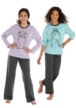 Vivance Pyjama (4 tlg., 2 Stück) Oberteile in schönen Farben mit Tierdruck