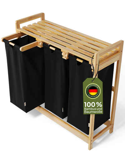AMBIAVO Wäschekorb 3 Fächer aus Bambus und Baumwolle, mit Ablage