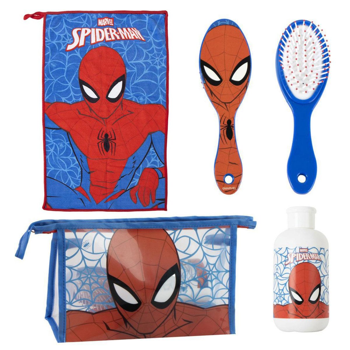 Spiderman Kulturbeutel - Kinder Waschset Haarbürste Handtuch Travel Zubehör (3-tlg)