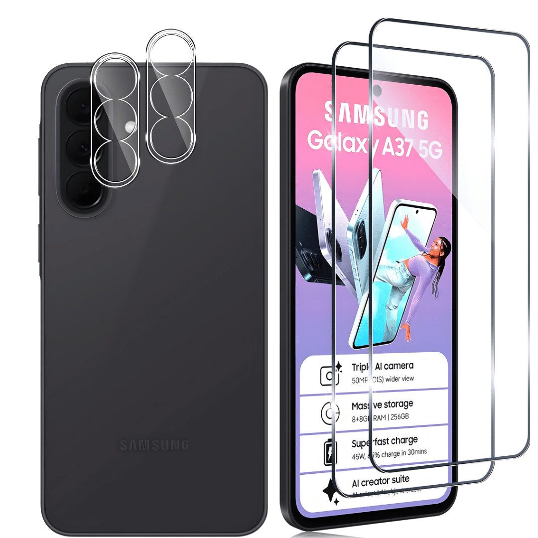 SmartUP Displayschutzglas 2X Schutzglas für Samsung Galaxy A37 5G Display Kamera Panzerfolie 9H für Samsung Galaxy A37 5G, 4 Stück, Rundumschutz, passgenaue Verarbeitung
