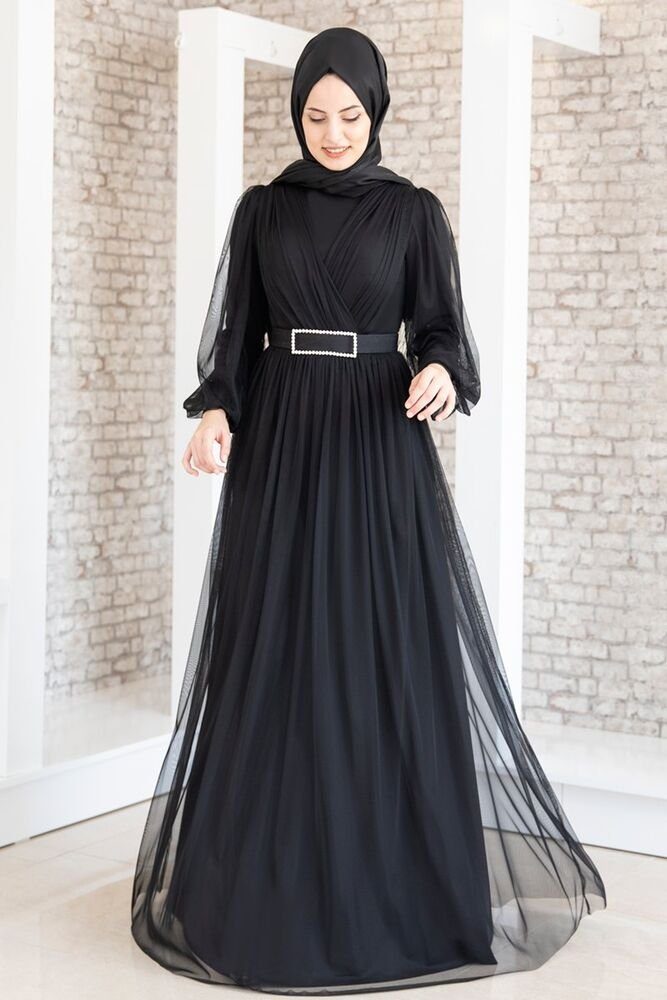 Modavitrini Abendkleid Damen Tüllkleid Abiye Abaya Hijab Kleid langärmliges Maxikleid mit Gürtel Schwarz