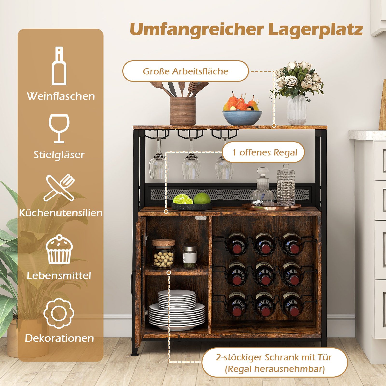 COSTWAY Weinschrank Küchenschrank mit abnehmbarem Weinregal 75x34x90,5cm günstig online kaufen