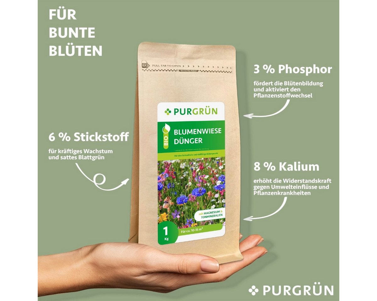 Thumbnail - Purgrün Blumendünger Purgrün Bio Blumenwiese Dünger, NPK 6+3+8, Magnesium, 1 kg, Bio-Krümelgranulat, Natürliche Sofort- ...