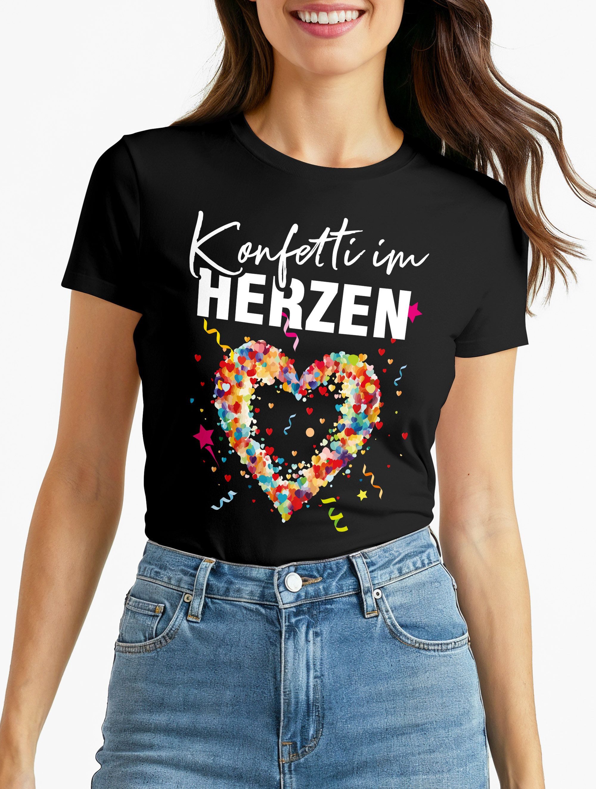 Print-Shirt Damen T-Shirt Fasching Karneval Konfetti im Herzen Kostüm-Ersatz