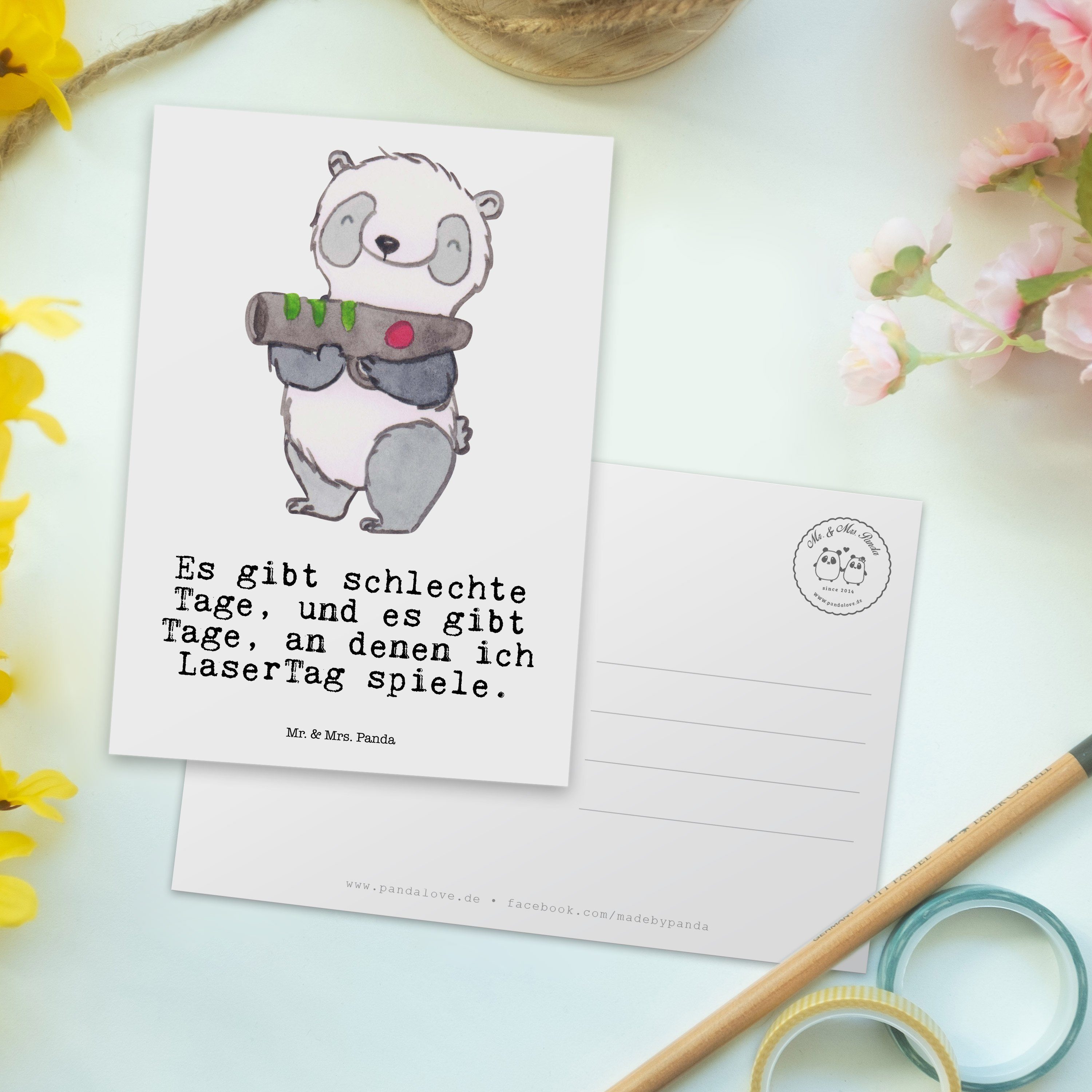 LaserTag Mrs. Geschenk, Mr. & Panda Postkarte - Einladung, Panda Tage Gewinn, - Lase Sport, Weiß