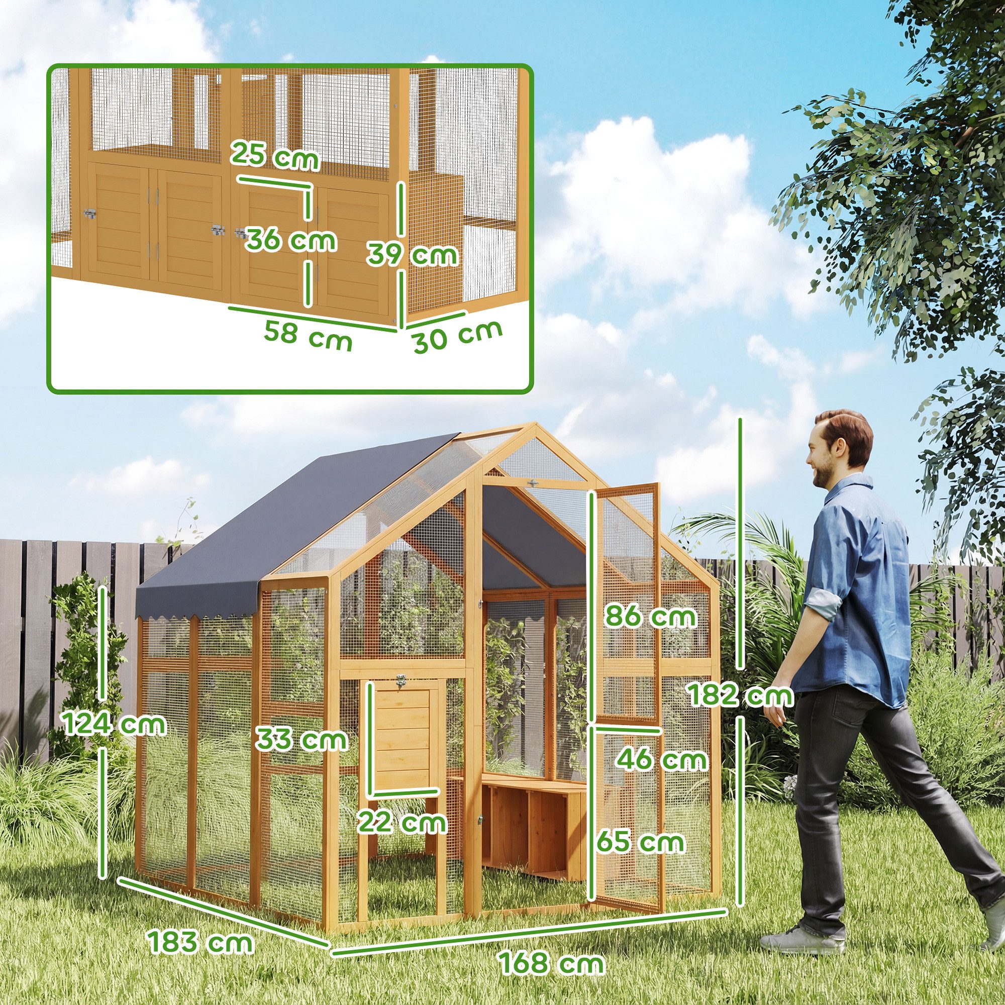 PawHut Hühnerstall Freilaufgehege Holz mit wasserdichtem Tuch, Sicherheitsschloss, für 6-8 Hühner, Enten, Gänse, Kaninchen, 1,7 x 1,8 x 1,8 m