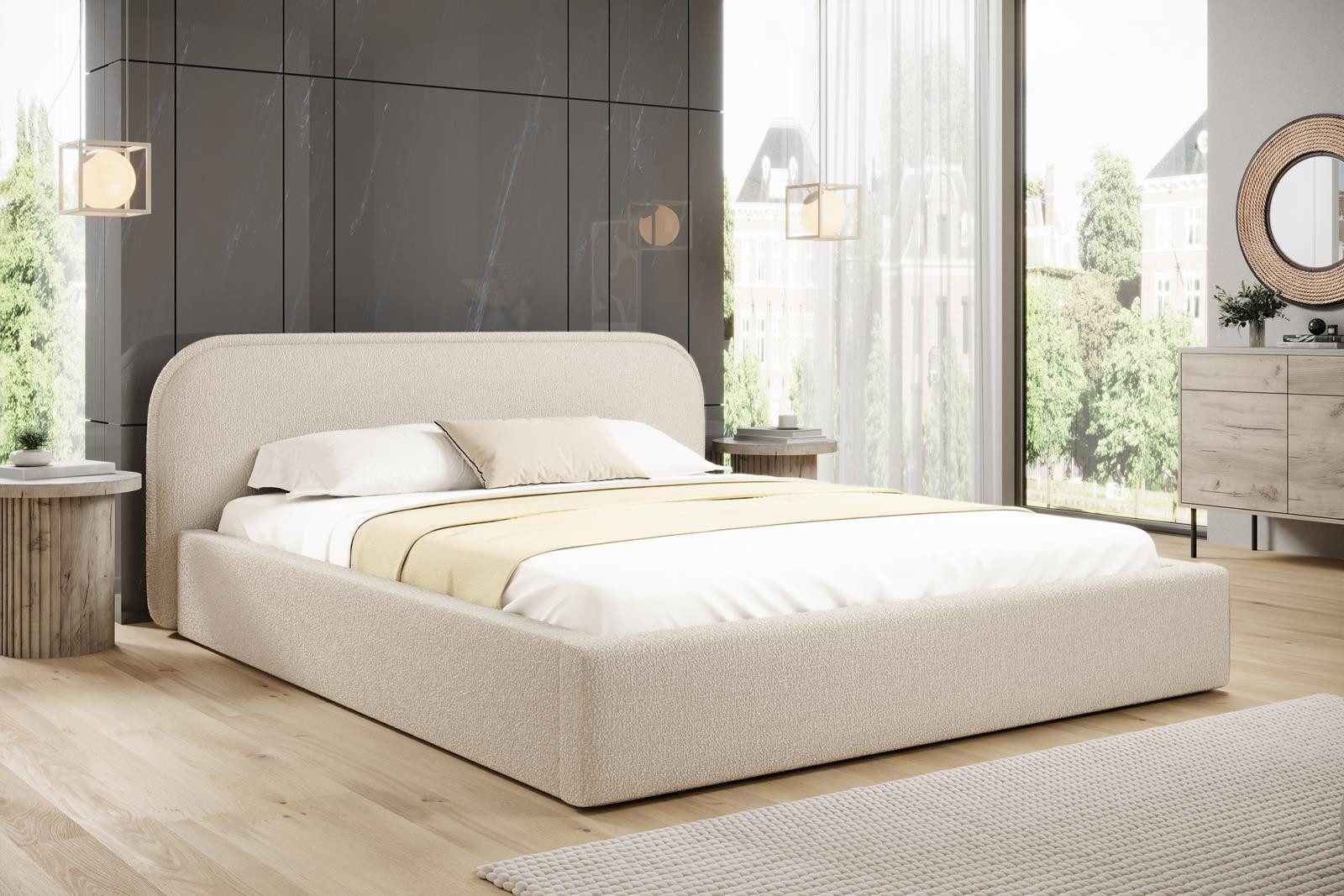 Compleo Polsterbett Bequemes Bett, Designerbett, Minimalistisches Design, Bouclé Stoff, Elegantes Schlafzimmer
