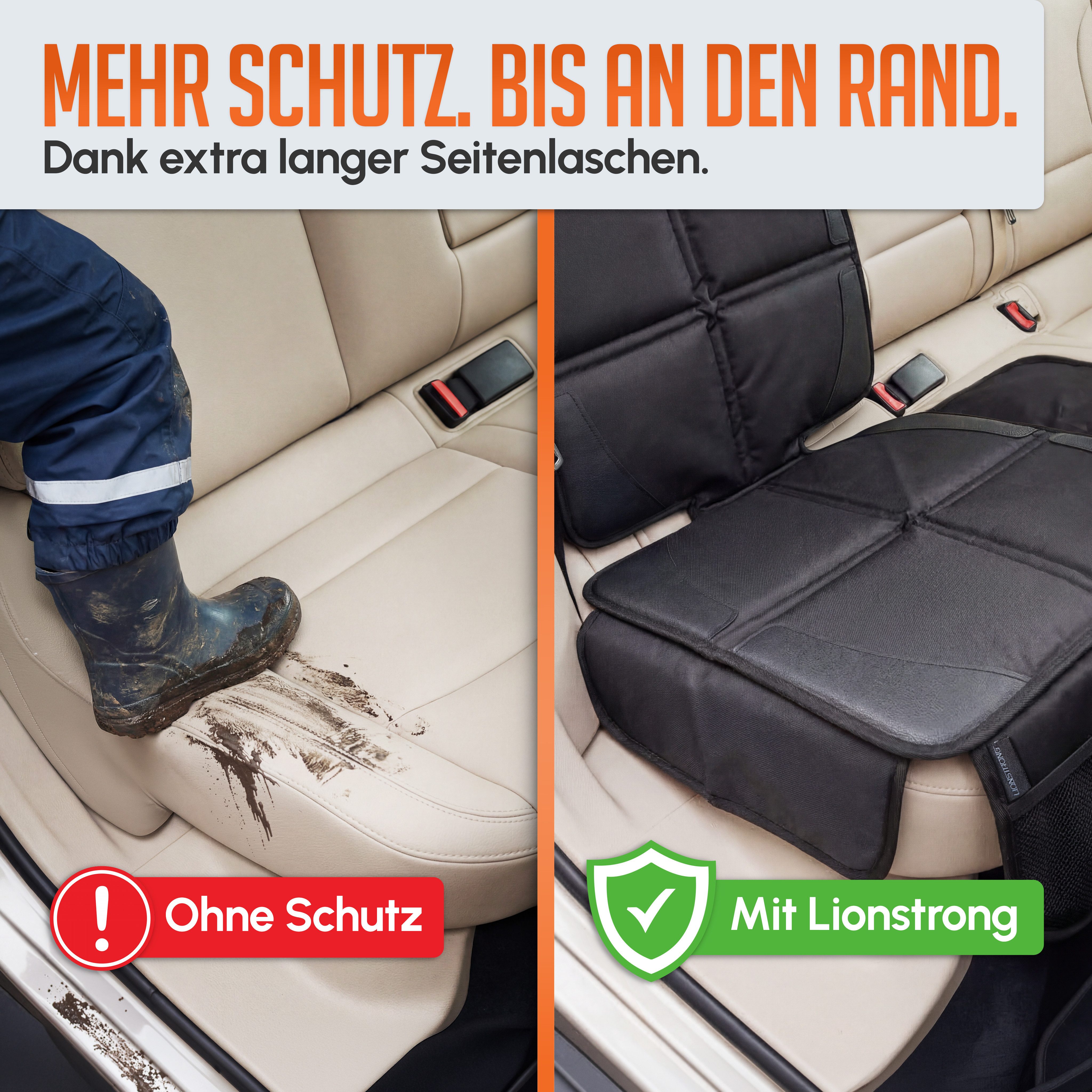 LIONSTRONG Kindersitzunterlage Premium, Autositzschoner [ISOFIX GEEIGNET], wasserabweisender Polyester Stoff, Sitzschutz Sitzschoner Auto Kindersitz - universell kompatibel