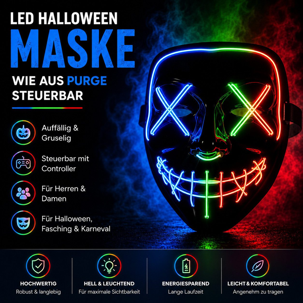 FASCHINFEVER Verkleidungsmaske LED Purge Maske - Halloween Kostüm Herren Halloween Maske, (Packung), mit Lichteffekten