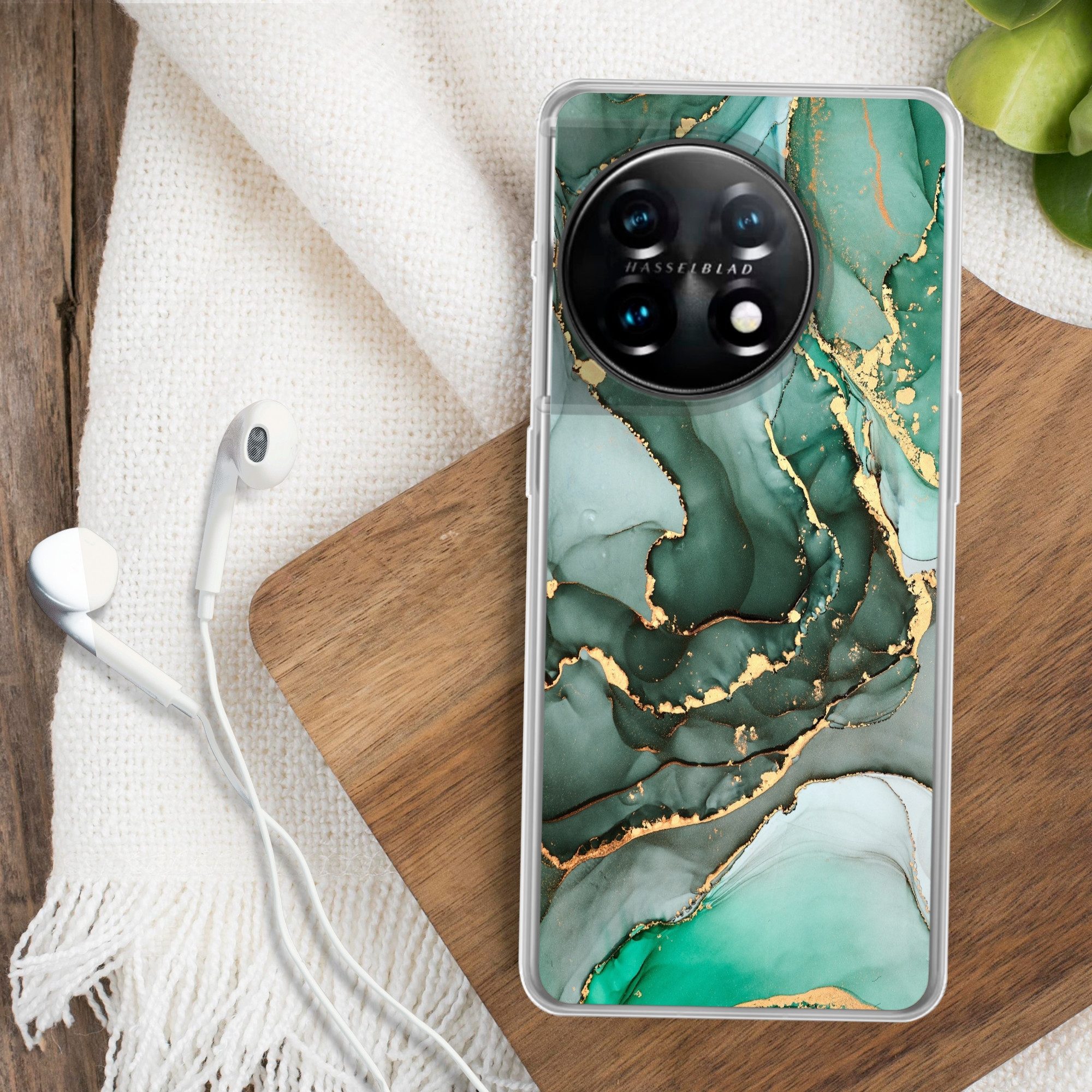 MuchoWow Handyhülle für OnePlus 11 Gold - Marmor - Grün - Luxus - Marmoroptik - Grau, Handy Case, Silikon, Bumper Case Dünn