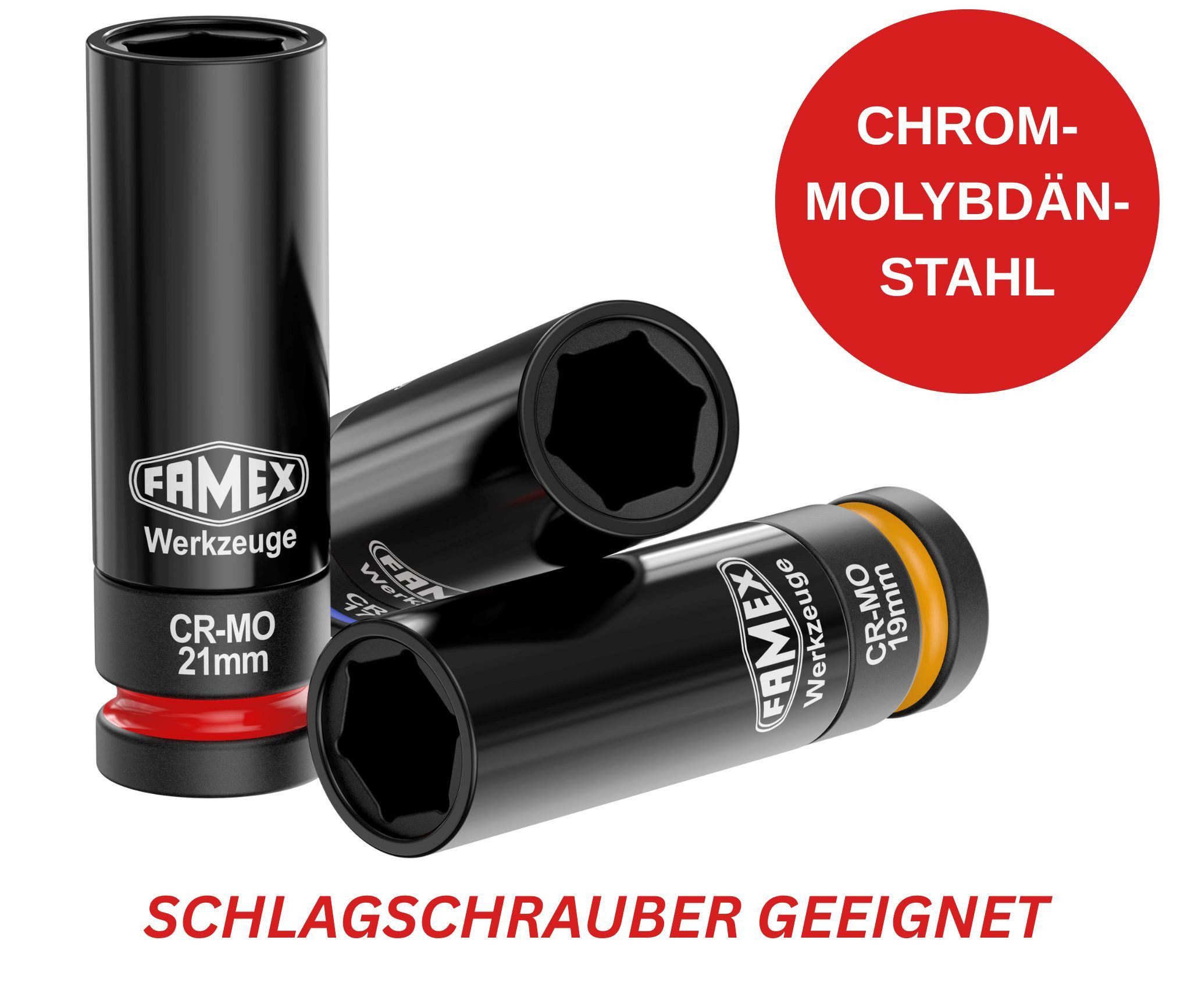 FAMEX Steckschlüssel 10806 Schlagschrauber Nüsse (Stecknuss, Kraft, Radnüsse, 3 St., Chrom-Molybdän-Stahl, äußert robust), Radmutterneinsätze, Chom-Molybdän