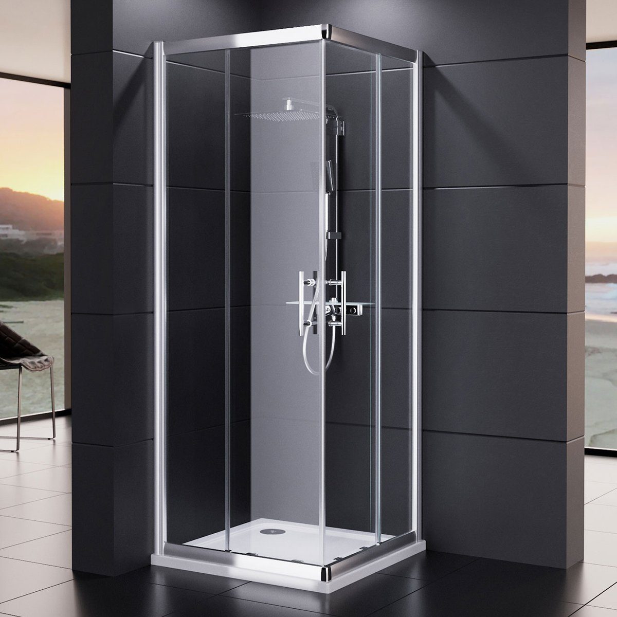 Duschmeister Eckdusche Eckeinstieg Duschkabine Royalux Neo Schiebetüren 70x90 195 H Glas, BxT: 70x90 cm, Einscheibensicherheitsglas, ausschwenkbare Türelemente