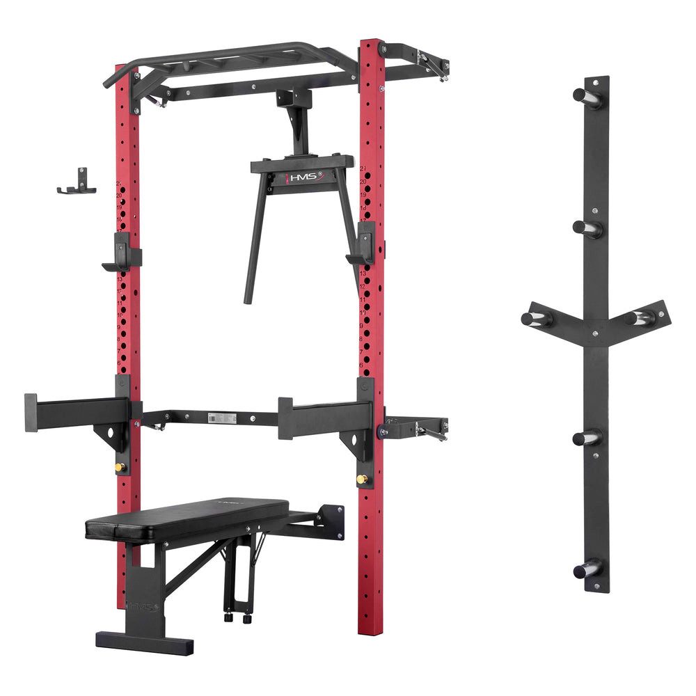 HMS Half Rack Kraftstation Klimmzugstation Trainingsbank, (Spar-Set, 1-tlg., 230 x 142 cm klappbar), klappbar, wandmontiert, platzsparend, Klimmzugstange